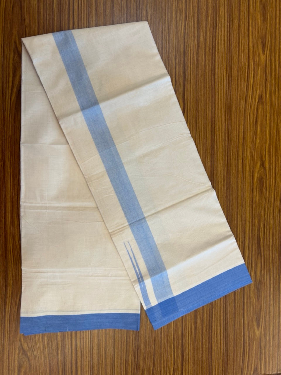 20% Discount ! KaithariKada Balaramapuram 100% Cotton Double OFF WHITE - (Unbleached) - Mundu / Dhoti- 100x80 -  1.5 inch Dark Sky Blue shaded striped chutty - 17 KK5280 VIN
