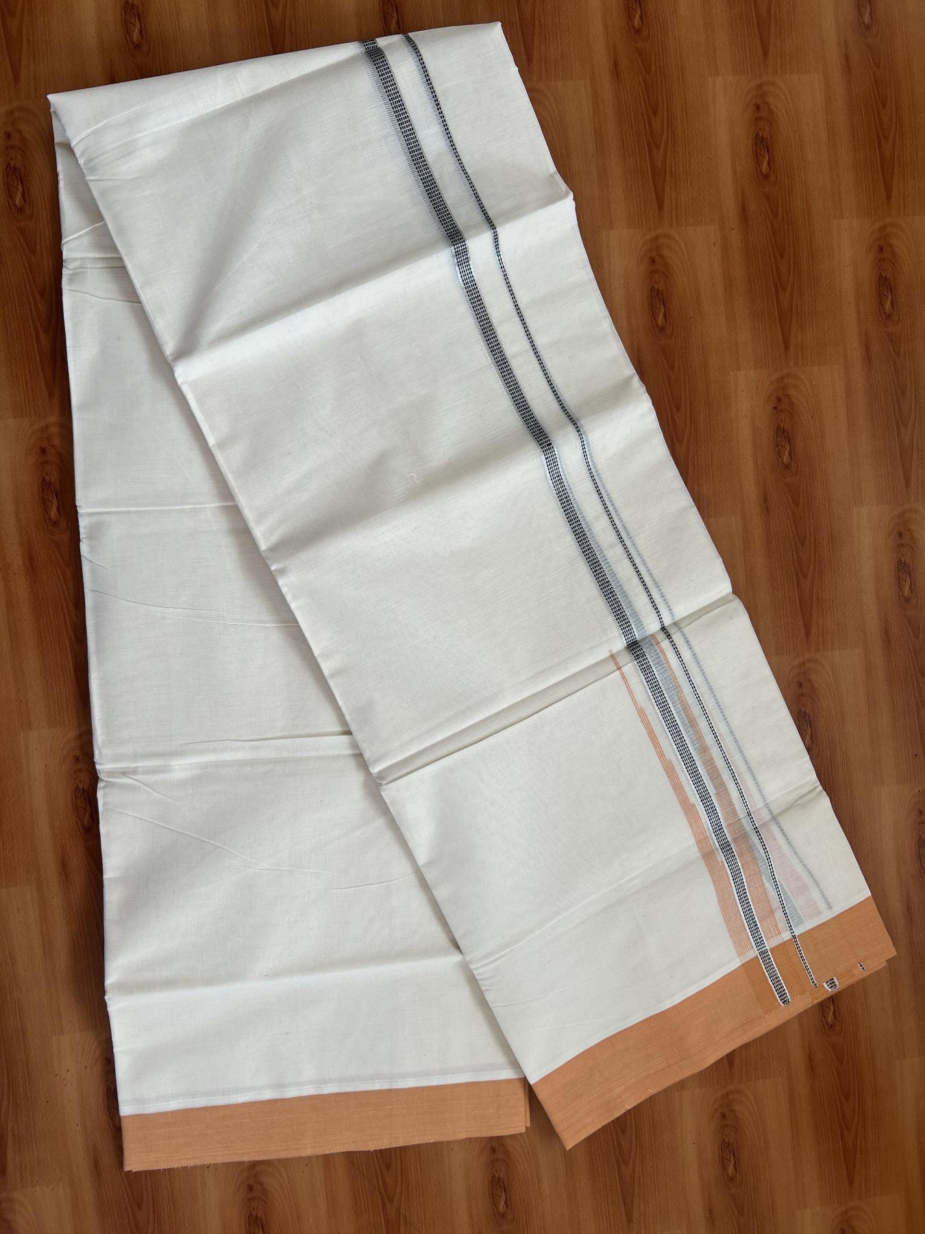 20% Discount ! KaithariKada Balaramapuram 100% Cotton Double Off White - (Unbleached) - Mundu / Dhoti- 100x80 - 1.25 Inch Silver Kasav & Black & Orange Puliyilakkara chutty -77 KK5382 VIN