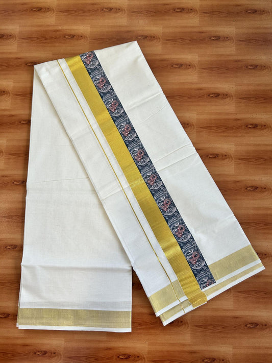 Double Off White - (Unbleached) Mundu/Dhoti- 20% Discount!! KaithariKada Balaramapuram 100% Cotton (60s) - 1.25 inch Gold Kasav Kathakali & Theyyam Printed Kara - 13 KK5415 GAN