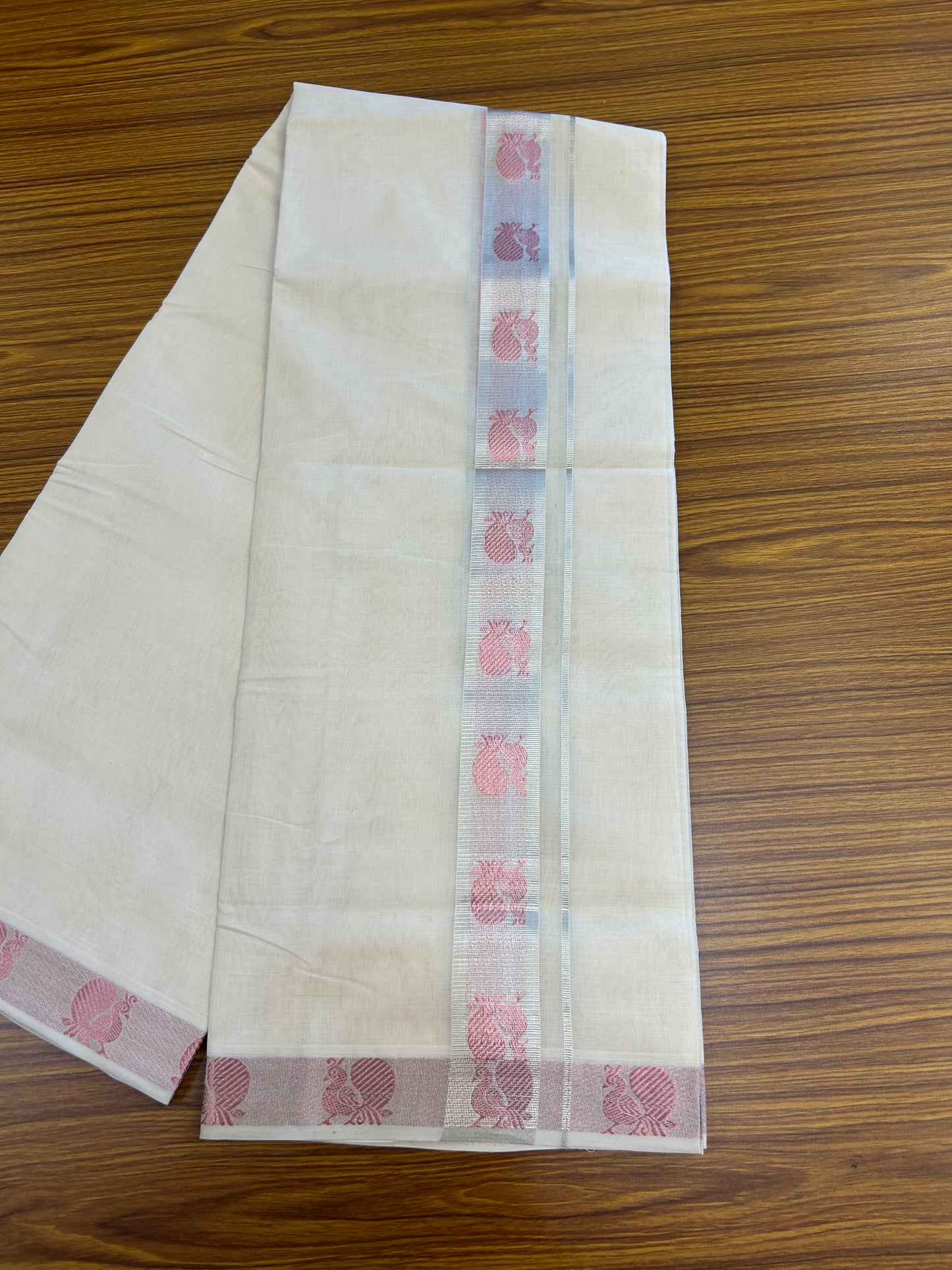 25% Discount ! KaithariKada Handloom Unakkupaav Kerala Handloom - 100% Pure Cotton Off White (Unbleached) Double Mundu/Dhoti - 100x80 - 1.75 Inch Silver kasav & Rose Gold Peacock Jaquard Design Kara 4 mtr (8.5 muzham) - 4 KK5370 ABH