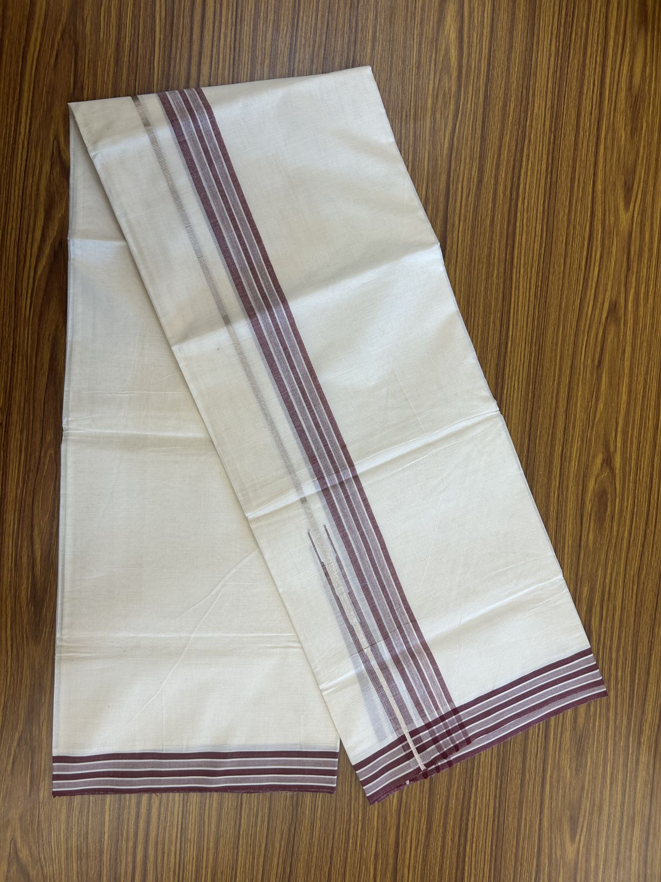 20% Discount ! Kaitharikada Balaramapuram 100% Pure Cotton Double Off white (Unbleached) Mundu/Dhoti - 100x80 - 1.5 inch Silver Kasav Maroon Shaded Stripes Chutty Kara 3.90 mtr (8 muzham) - 50 KK5313 PMC