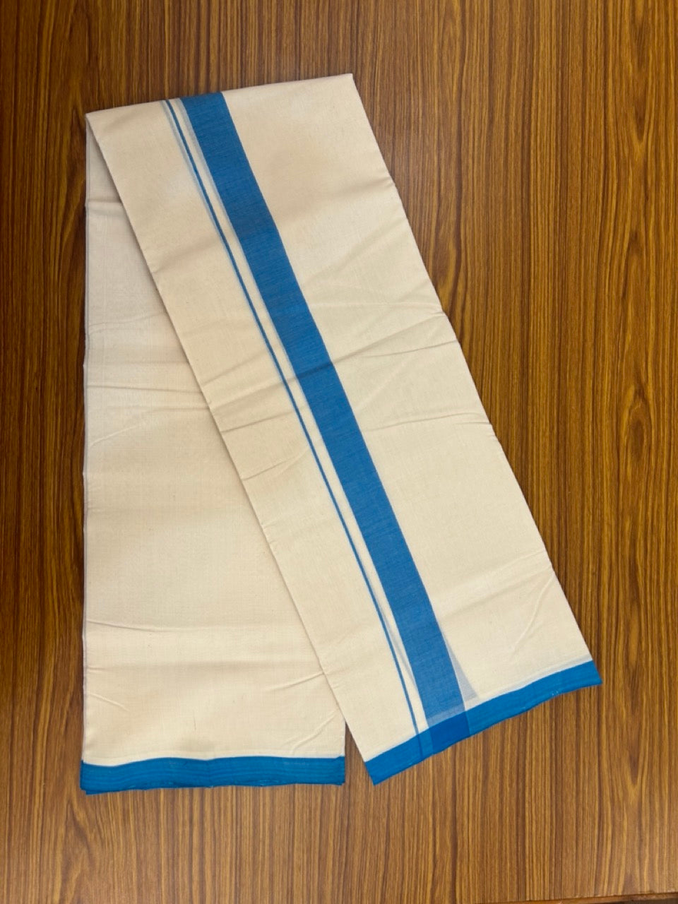25% Discount! KaithariKada Handloom Millpaav Balaramapuram - Cotton Double Mundu/Dhoti Off white (Unbleached) - 80x90 - 1.5 inch Blue Mulloth Kara 3.60 meter (8 Muzham) - 53 KK5256 RAM