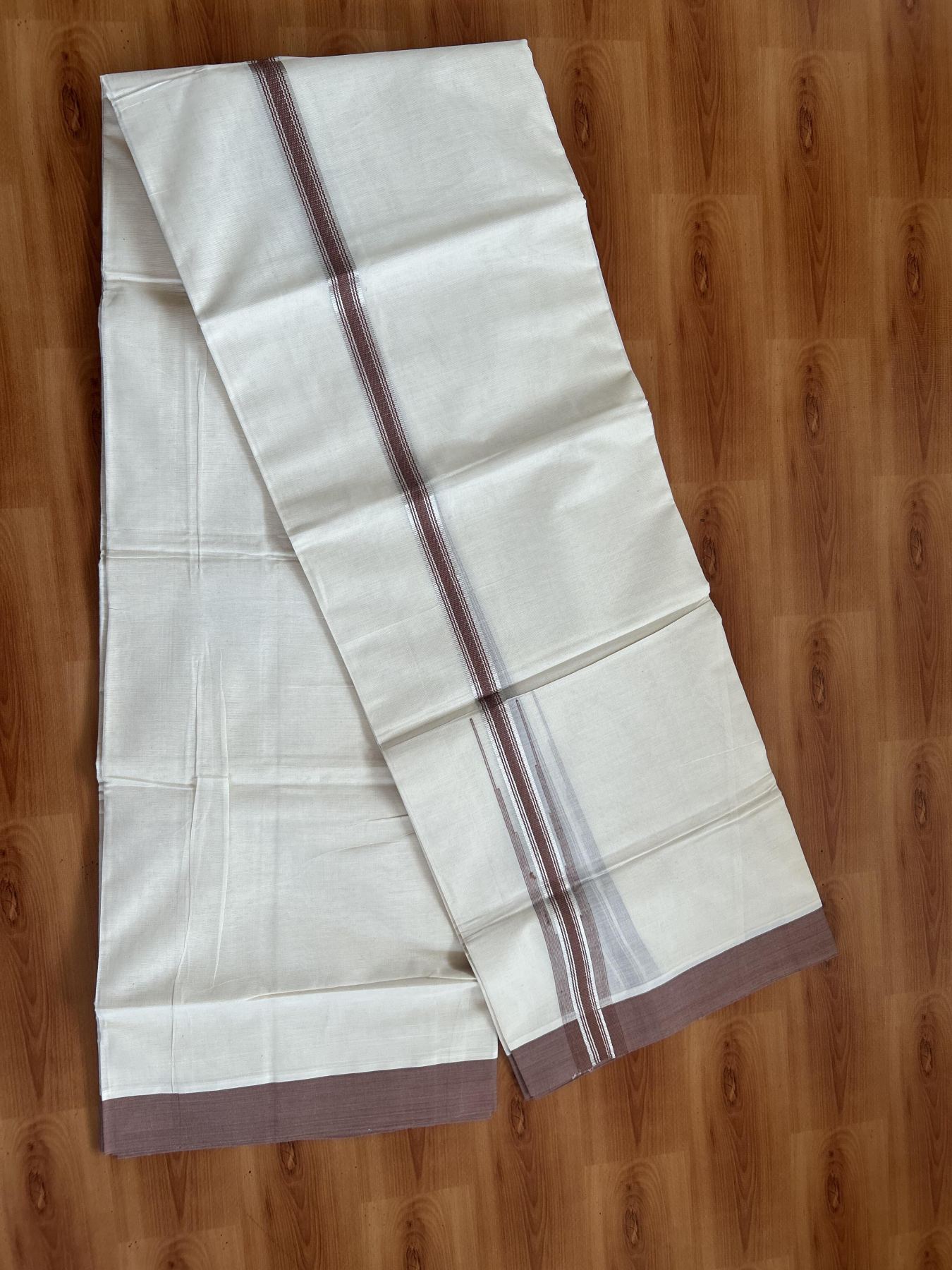 20% Discount ! KaithariKada Balaramapuram 100% Cotton Double Off White - (Unbleached) - Mundu / Dhoti- 100x80 - 1.25 Inch Silver Kasav & Chestnut Brown Puliyilakkara chutty - 66 KK5382 VIN
