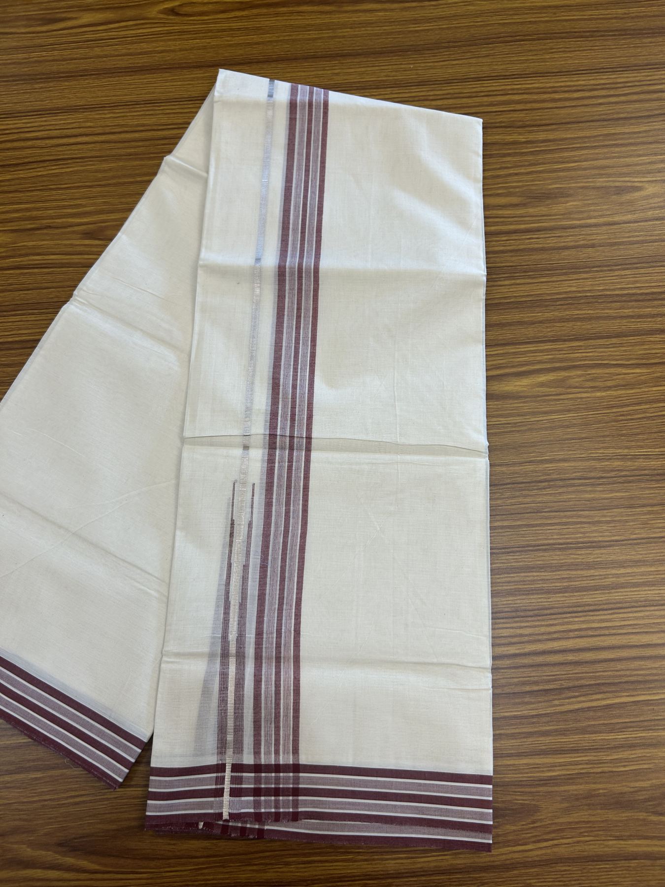 20% Discount ! Kaitharikada Balaramapuram 100% Pure Cotton Double Off white (Unbleached) Mundu/Dhoti - 100x80 - 1.5 inch Silver Kasav Maroon Shaded Stripes Chutty Kara 3.90 mtr (8 muzham) - 50 KK5313 PMC