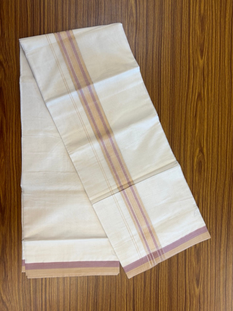 20% Discount ! KaithariKada Balaramapuram 100% Cotton Double OFF WHITE - (Unbleached) - Mundu / Dhoti- 100x80 -  1.75 inch Deep cream & Lavender Pink shaded silver striped kara - 16 KK5280 VIN