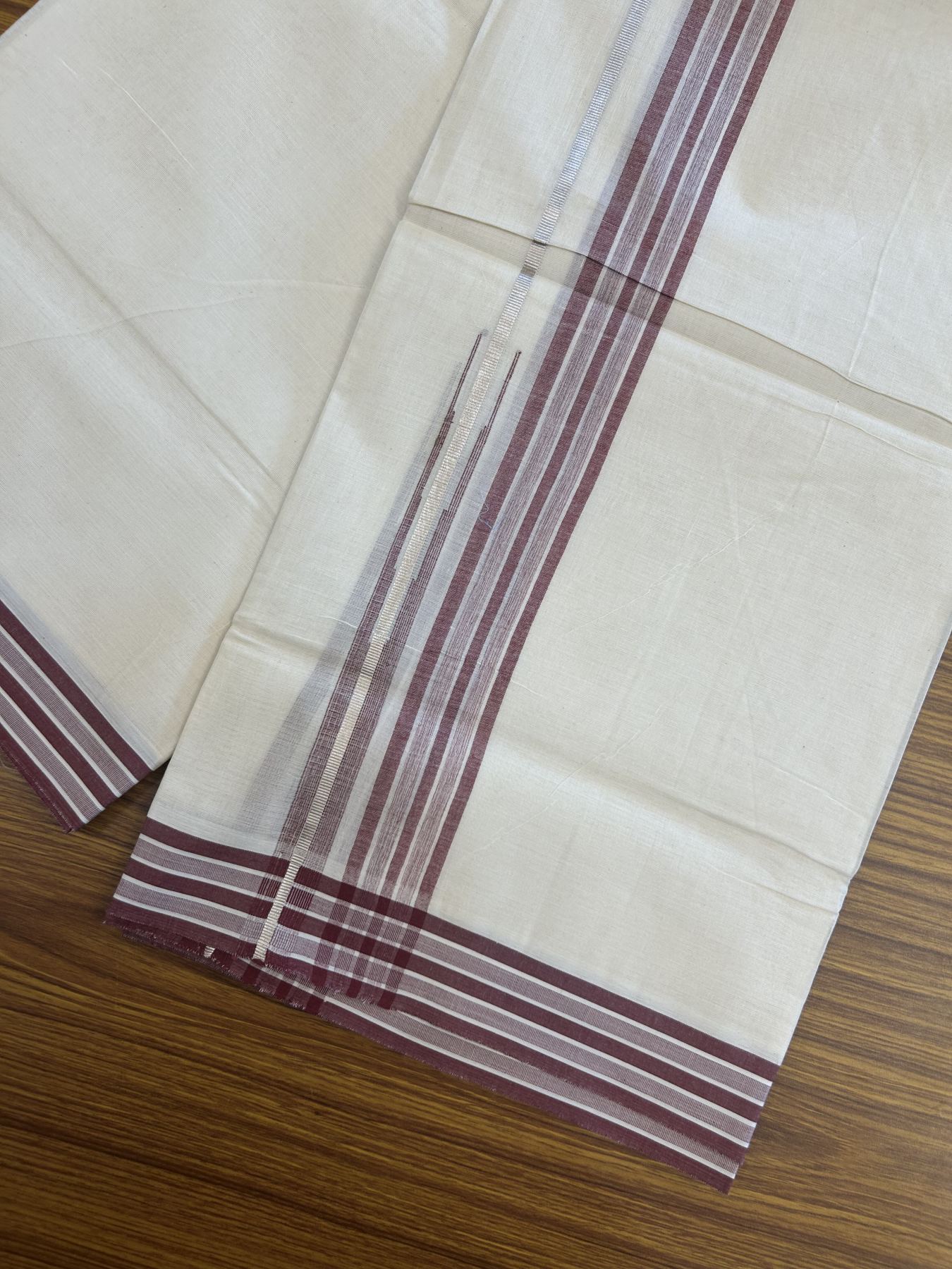 20% Discount ! Kaitharikada Balaramapuram 100% Pure Cotton Double Off white (Unbleached) Mundu/Dhoti - 100x80 - 1.5 inch Silver Kasav Maroon Shaded Stripes Chutty Kara 3.90 mtr (8 muzham) - 50 KK5313 PMC