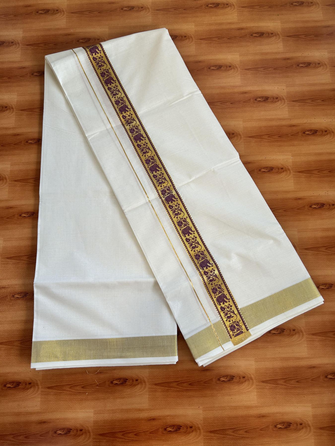 Double Off White - (Unbleached) Mundu/Dhoti- 20% Discount!! KaithariKada Balaramapuram 100% Cotton (60s) - 1.25 inch Grape Wine & Gold Kasav Elephant Printed Kara - 5 KK5415 GAN