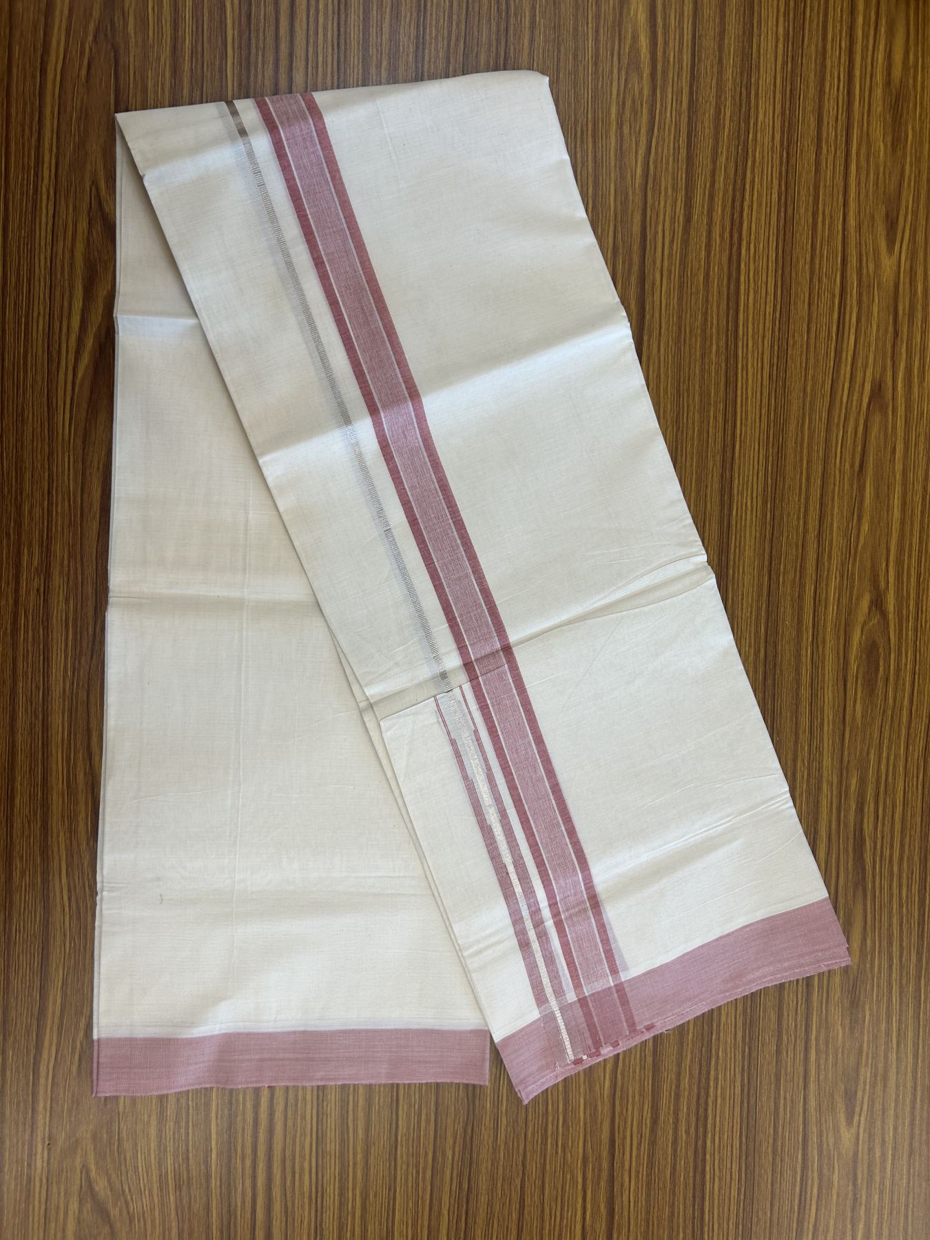 20% Discount ! Kaitharikada Balaramapuram 100% Pure Cotton Double Off white (Unbleached) Mundu/Dhoti - 100x80 - 1.5 inch Silver Kasav & Dark Peach Shaded Stripes Chutty Kara 3.90 mtr (8 muzham) - 51 KK5313 PMC