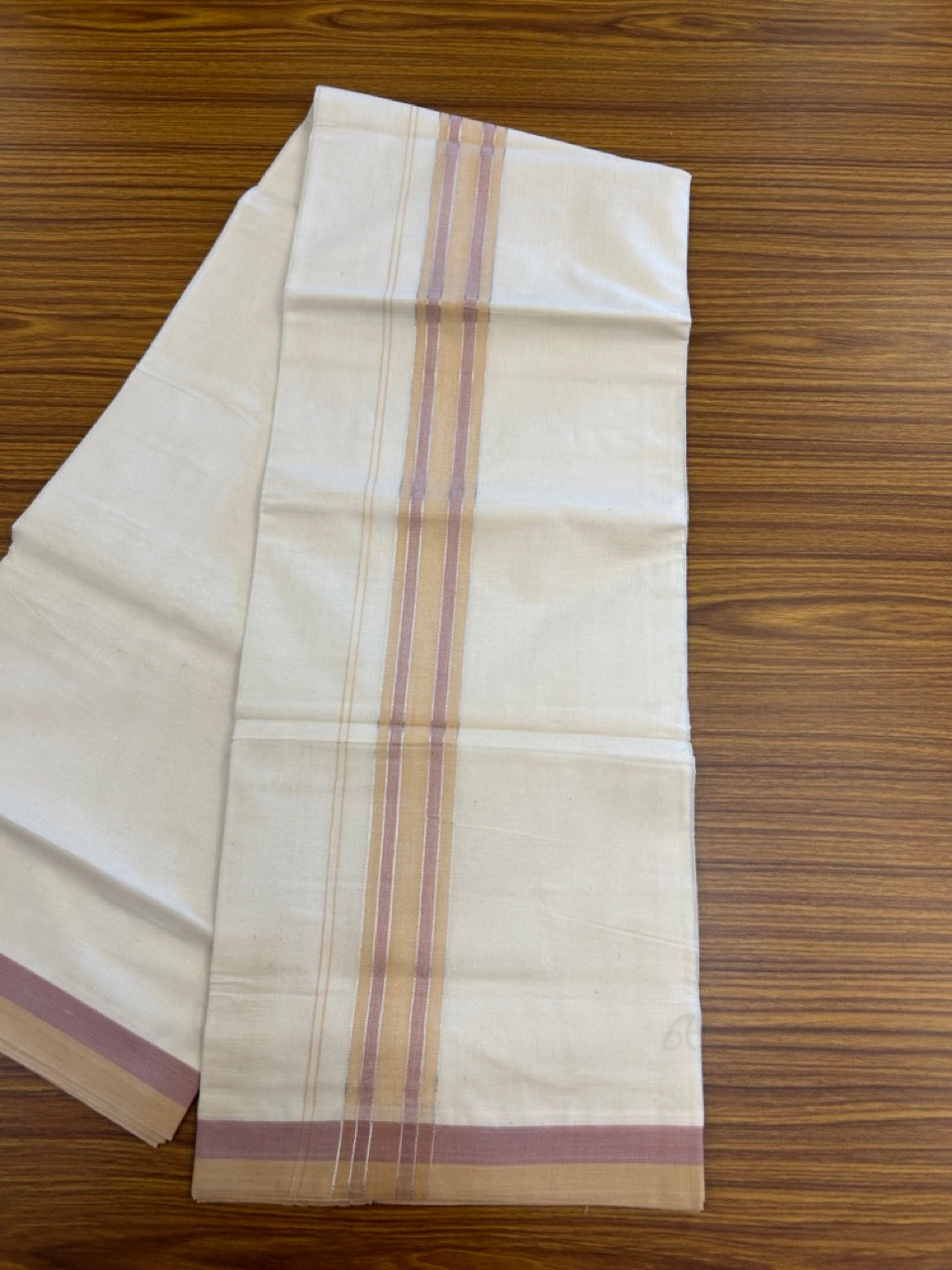 20% Discount ! KaithariKada Balaramapuram 100% Cotton Double OFF WHITE - (Unbleached) - Mundu / Dhoti- 100x80 -  1.75 inch Deep cream & Lavender Pink shaded silver striped kara - 16 KK5280 VIN