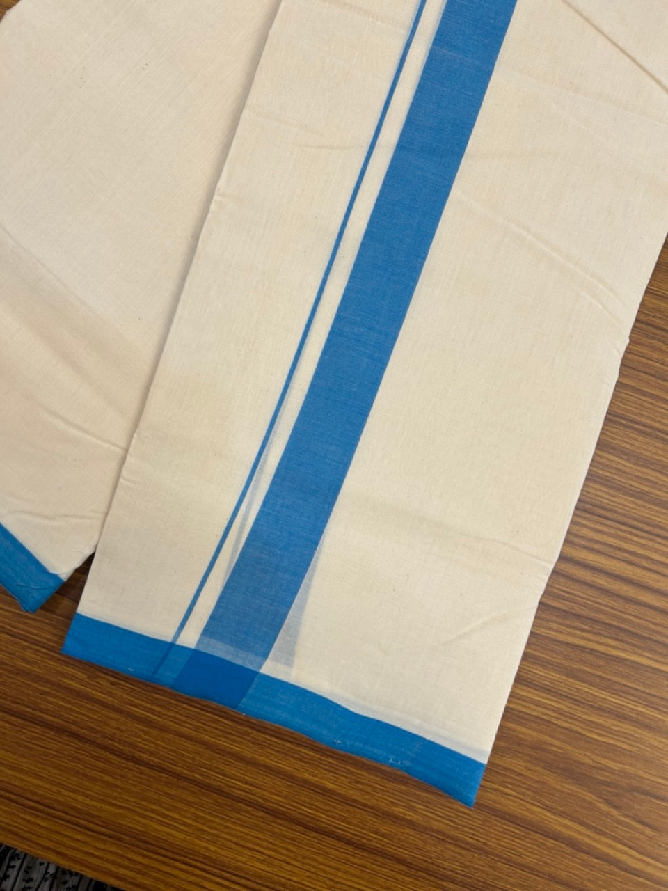 25% Discount! KaithariKada Handloom Millpaav Balaramapuram - Cotton Double Mundu/Dhoti Off white (Unbleached) - 80x90 - 1.5 inch Blue Mulloth Kara 3.60 meter (8 Muzham) - 53 KK5256 RAM