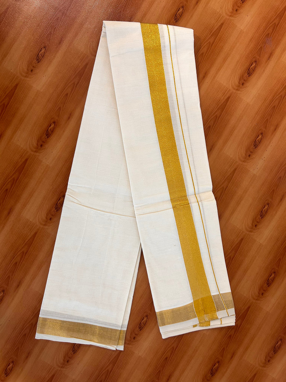 Neriyath Off White  (Unbleached) - KaithariKada -  60s Mixed Cotton - 0.75 Inch Gold Kasavu Kara - 1.70 mtr (3.64 muzham)- 3 KK5536 PMC