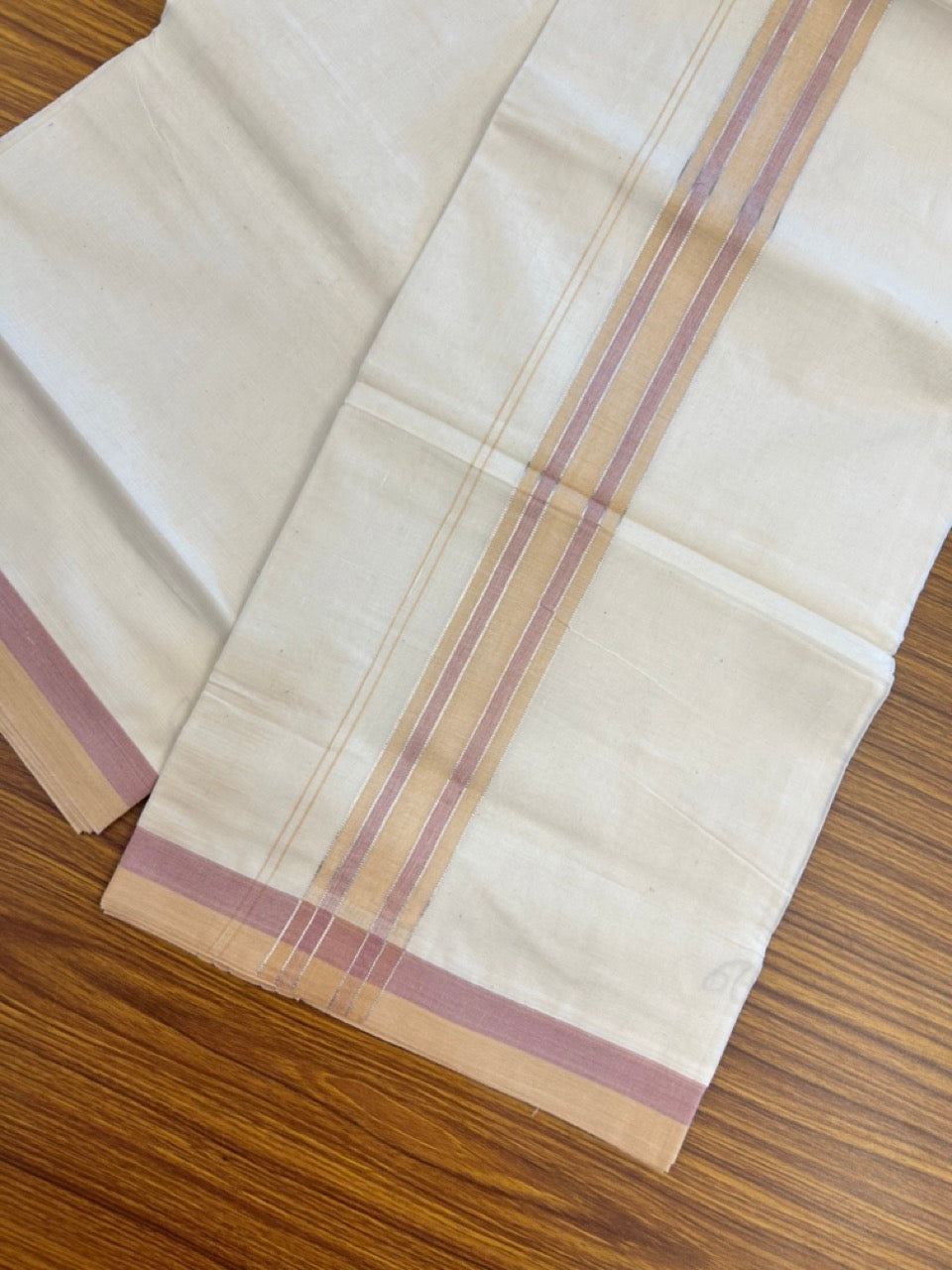 20% Discount ! KaithariKada Balaramapuram 100% Cotton Double OFF WHITE - (Unbleached) - Mundu / Dhoti- 100x80 -  1.75 inch Deep cream & Lavender Pink shaded silver striped kara - 16 KK5280 VIN