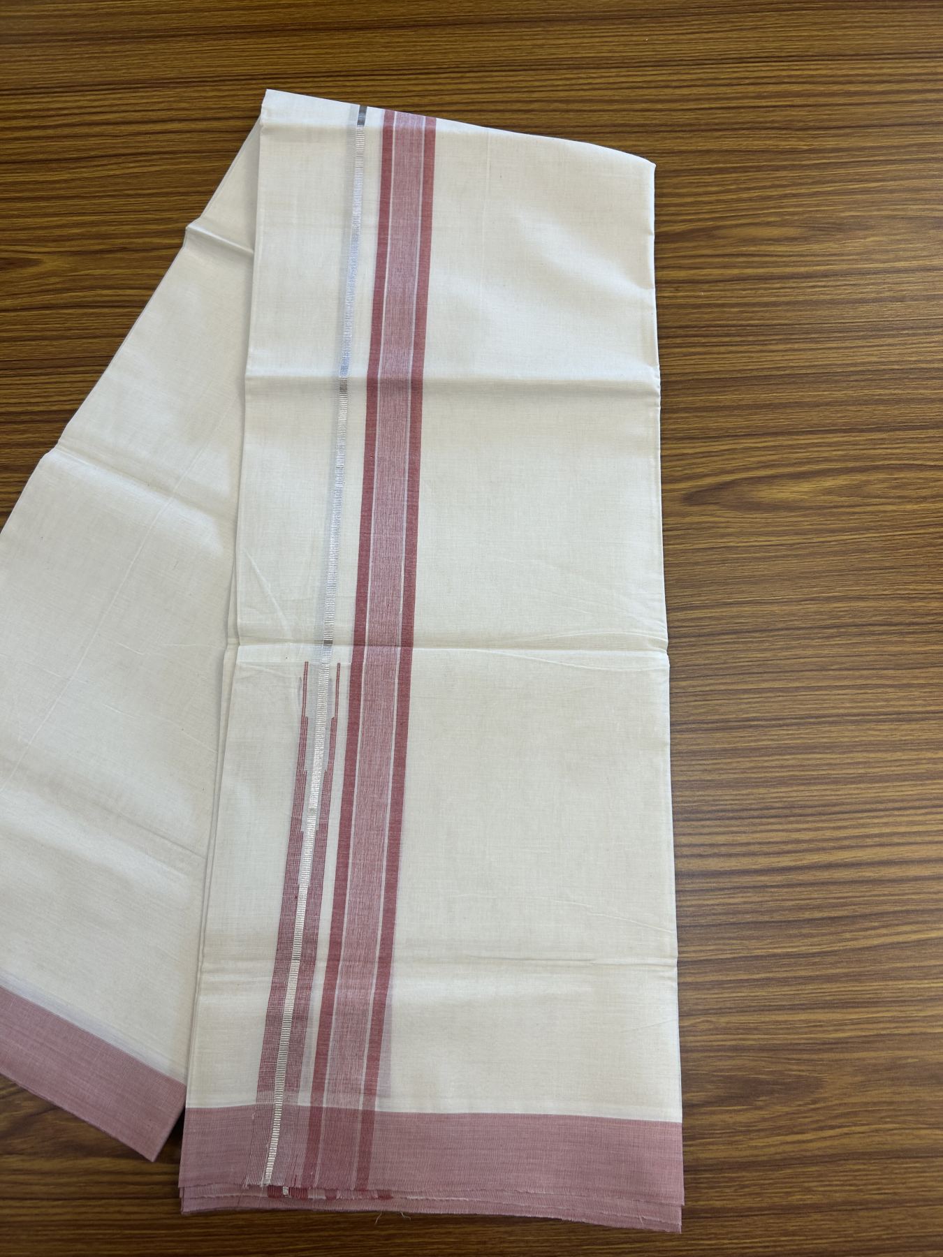 20% Discount ! Kaitharikada Balaramapuram 100% Pure Cotton Double Off white (Unbleached) Mundu/Dhoti - 100x80 - 1.5 inch Silver Kasav & Dark Peach Shaded Stripes Chutty Kara 3.90 mtr (8 muzham) - 51 KK5313 PMC