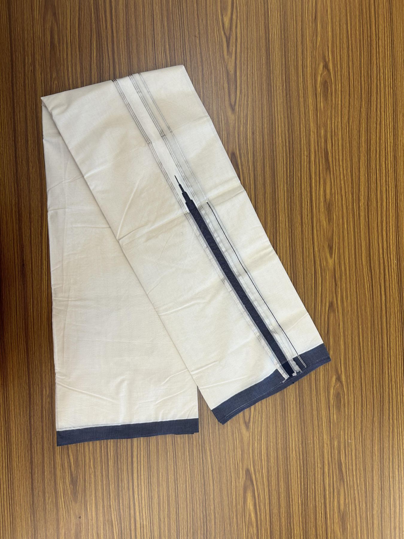 20% Discount !! KaithariKada Balaramapuram 100% Cotton Double Off White - (Unbleached) Mundu/Dhoti - 100x100 1.25 inch Heavy Chutty Silver Kasav & Navy Blue Striped kara - 3 KK5348 ASH