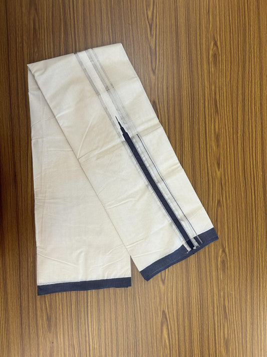 20% Discount !! KaithariKada Balaramapuram 100% Cotton Double Off White - (Unbleached) Mundu/Dhoti - 100x100 1.25 inch Heavy Chutty Silver Kasav & Navy Blue Striped kara - 3 KK5348 ASH