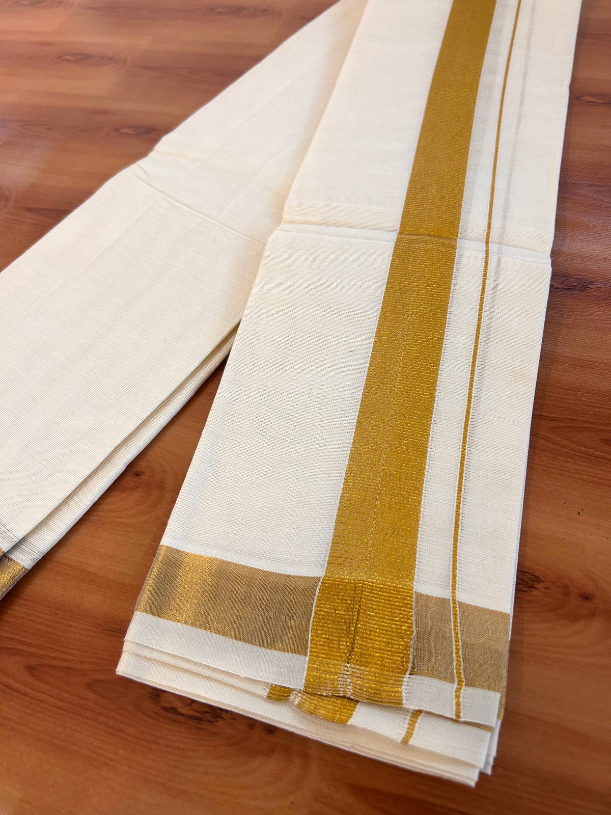 Neriyath Off White  (Unbleached) - KaithariKada -  60s Mixed Cotton - 1.75 Inch Gold Kasavu Kara - 1.70 mtr (3.64 muzham)- 4 KK5536 PMC