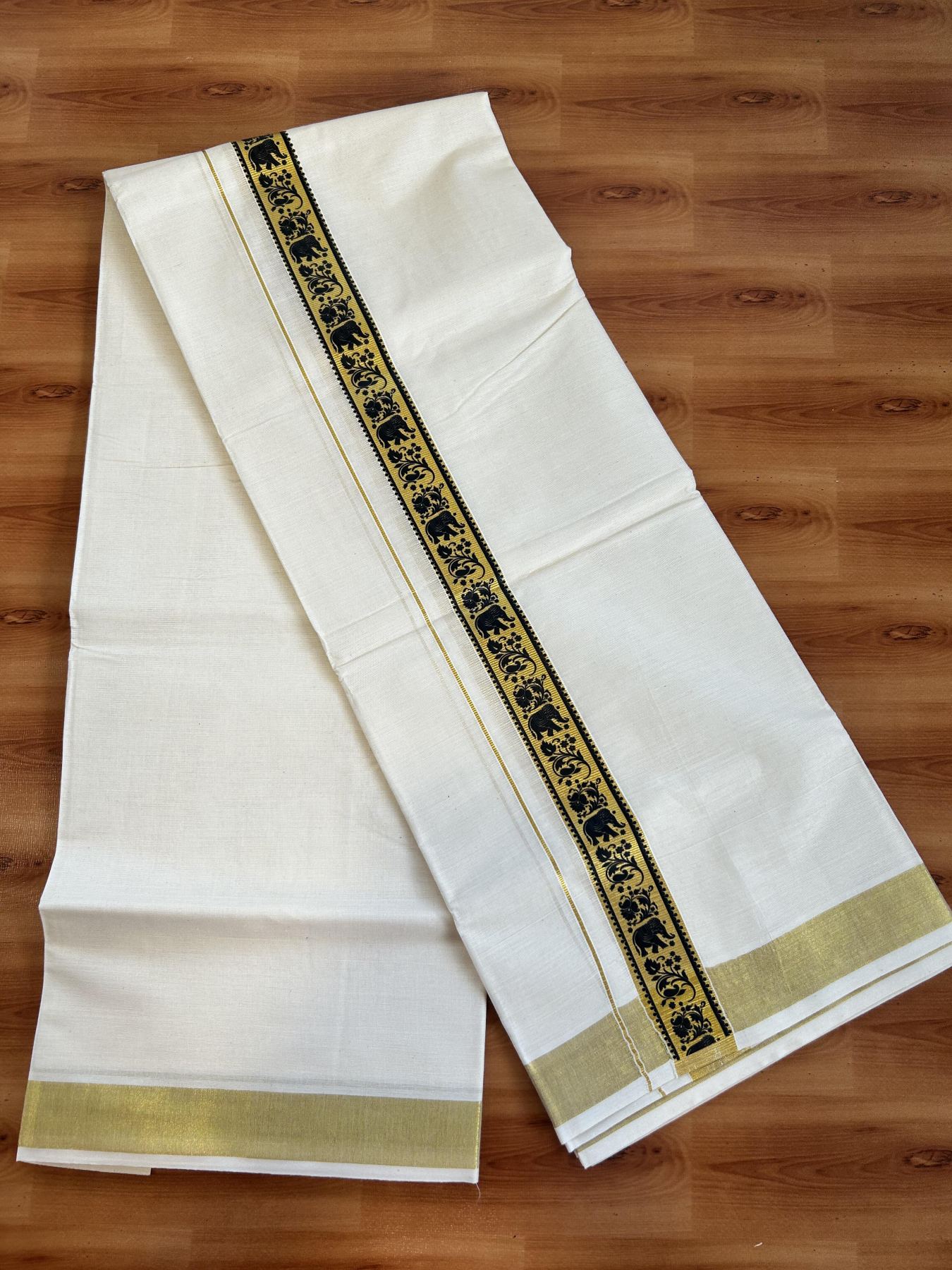 Double Off White - (Unbleached) Mundu/Dhoti- 20% Discount!! KaithariKada Balaramapuram 100% Cotton (60s) - 1.25 inch Black & Gold Kasav Elephant Printed Kara - 4 KK5415 GAN