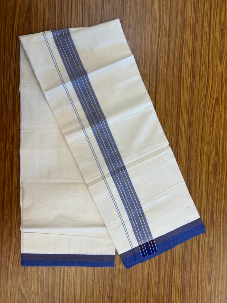 20% Discount ! KaithariKada Balaramapuram 100% Cotton Double OFF WHITE - (Unbleached) - Mundu / Dhoti- 100x80 -  1.75 inch Blue & Dark brown shaded silver striped kara - 15 KK5280 VIN