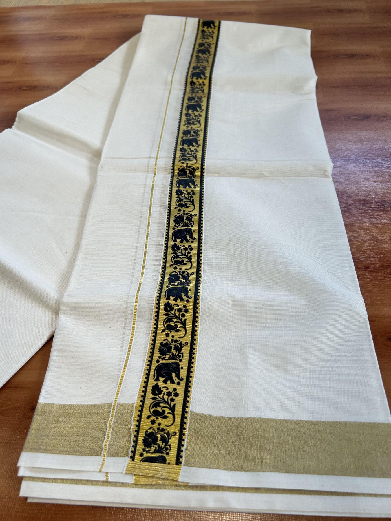 Double Off White - (Unbleached) Mundu/Dhoti- 20% Discount!! KaithariKada Balaramapuram 100% Cotton (60s) - 1.25 inch Black & Gold Kasav Elephant Printed Kara - 4 KK5415 GAN