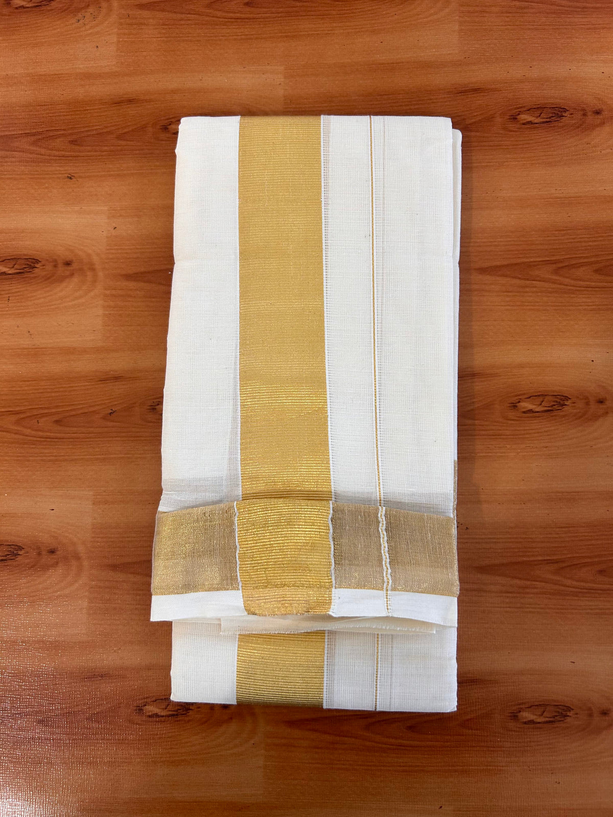 Neriyath Off White  (Unbleached) - KaithariKada -  60s Mixed Cotton - 2 Inch Gold Kasavu Kara - 1.70 mtr (3.64 muzham)- 5 KK5536 PMC