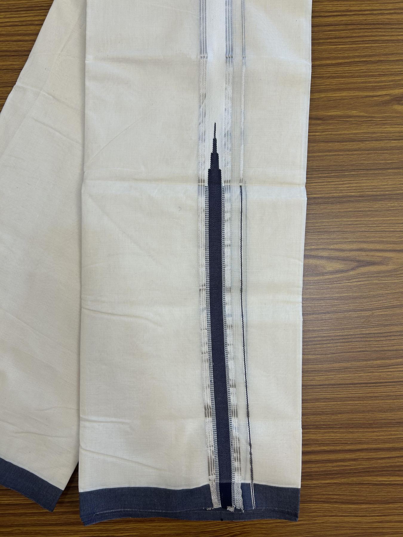 20% Discount !! KaithariKada Balaramapuram 100% Cotton Double Off White - (Unbleached) Mundu/Dhoti - 100x100 1.25 inch Heavy Chutty Silver Kasav & Navy Blue Striped kara - 3 KK5348 ASH