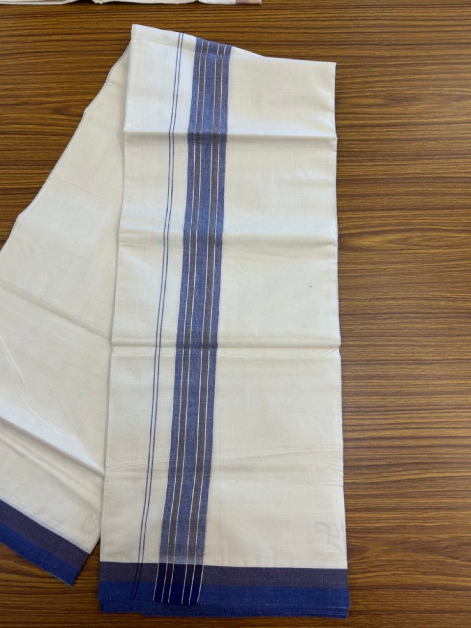 20% Discount ! KaithariKada Balaramapuram 100% Cotton Double OFF WHITE - (Unbleached) - Mundu / Dhoti- 100x80 -  1.75 inch Blue & Dark brown shaded silver striped kara - 15 KK5280 VIN