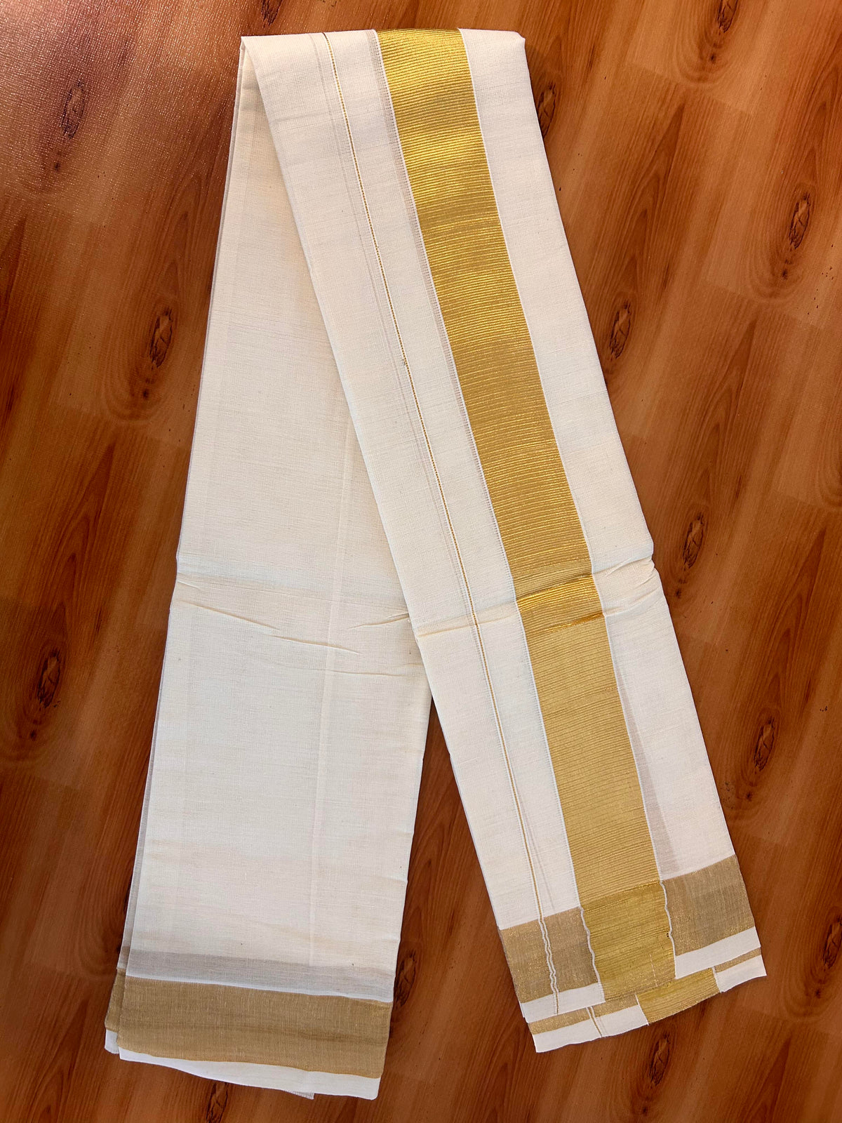 Neriyath Off White  (Unbleached) - KaithariKada -  60s Mixed Cotton - 2 Inch Gold Kasavu Kara - 1.70 mtr (3.64 muzham)- 5 KK5536 PMC