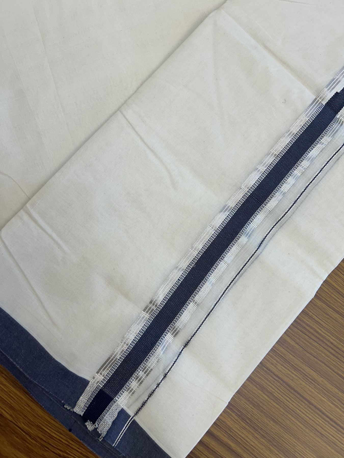 20% Discount !! KaithariKada Balaramapuram 100% Cotton Double Off White - (Unbleached) Mundu/Dhoti - 100x100 1.25 inch Heavy Chutty Silver Kasav & Navy Blue Striped kara - 3 KK5348 ASH
