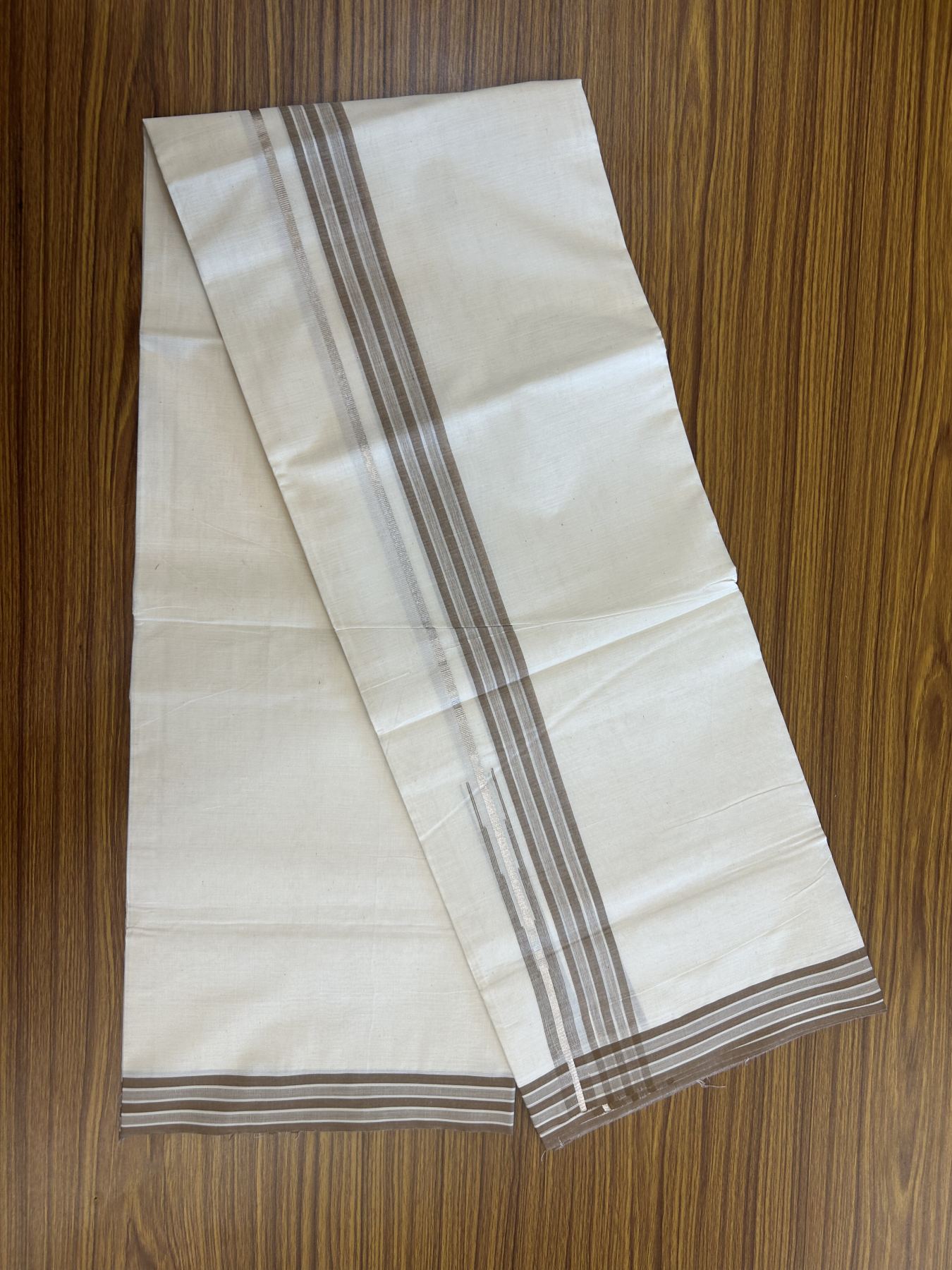 20% Discount ! Kaitharikada Balaramapuram 100% Pure Cotton Double Off white (Unbleached) Mundu/Dhoti - 100x80 - 1.25 inch Silver Kasav & Brown Shaded Stripes Chutty Kara 3.90 mtr (8 muzham) - 52 KK5313 PMC