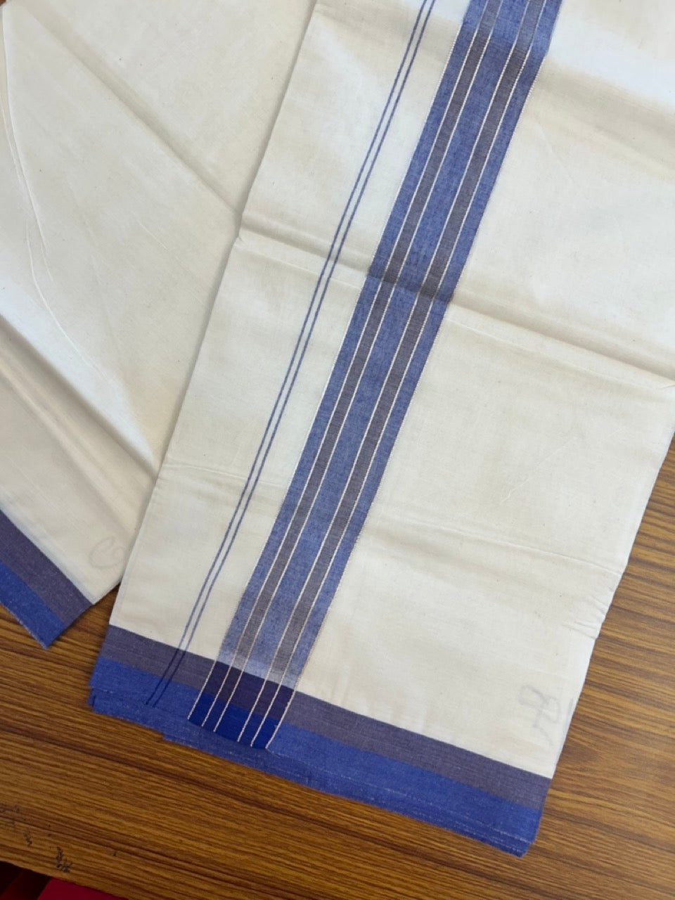 20% Discount ! KaithariKada Balaramapuram 100% Cotton Double OFF WHITE - (Unbleached) - Mundu / Dhoti- 100x80 -  1.75 inch Blue & Dark brown shaded silver striped kara - 15 KK5280 VIN