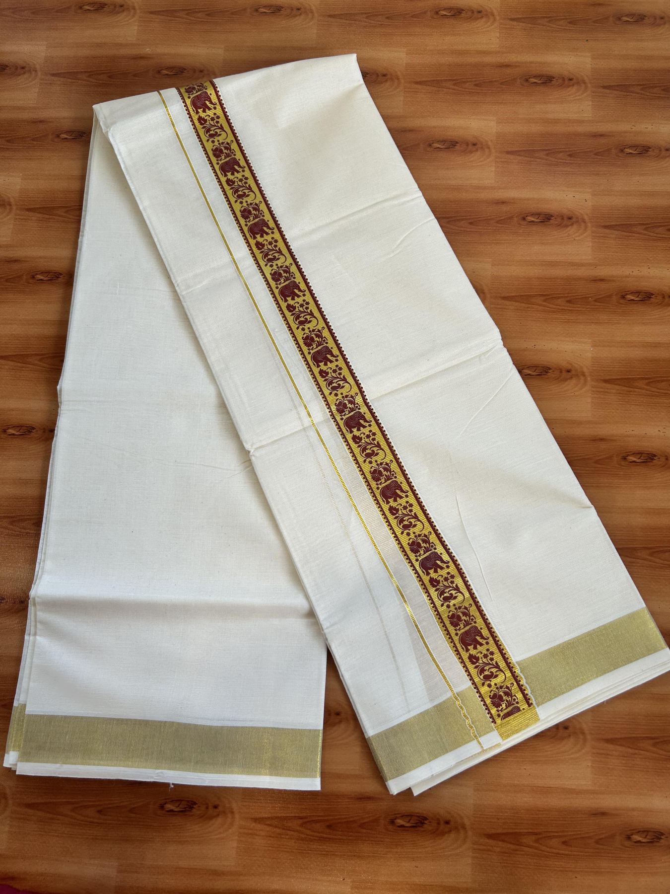 Double Off White - (Unbleached) Mundu/Dhoti- 20% Discount!! KaithariKada Balaramapuram 100% Cotton (60s) - 1.25 inch Maroon & Gold Kasav Elephant Printed Kara - 3 KK5415 GAN