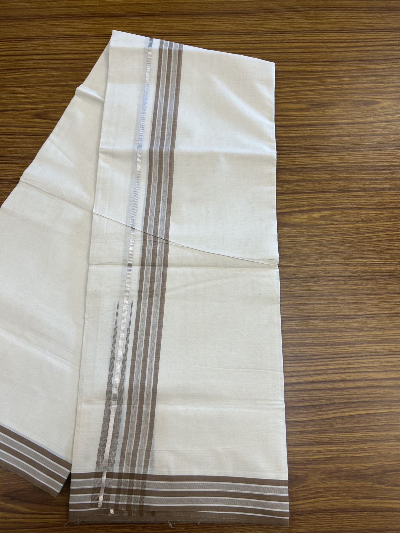 20% Discount ! Kaitharikada Balaramapuram 100% Pure Cotton Double Off white (Unbleached) Mundu/Dhoti - 100x80 - 1.25 inch Silver Kasav & Brown Shaded Stripes Chutty Kara 3.90 mtr (8 muzham) - 52 KK5313 PMC
