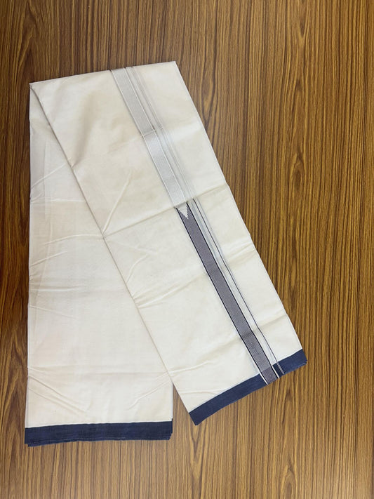20% Discount !! KaithariKada Balaramapuram 100% Cotton Double Off White - (Unbleached) Mundu/Dhoti - 100x100 1.25 inch Heavy Chutty Silver Kasav & Navy Blue Striped kara - 2 KK5348 ASH