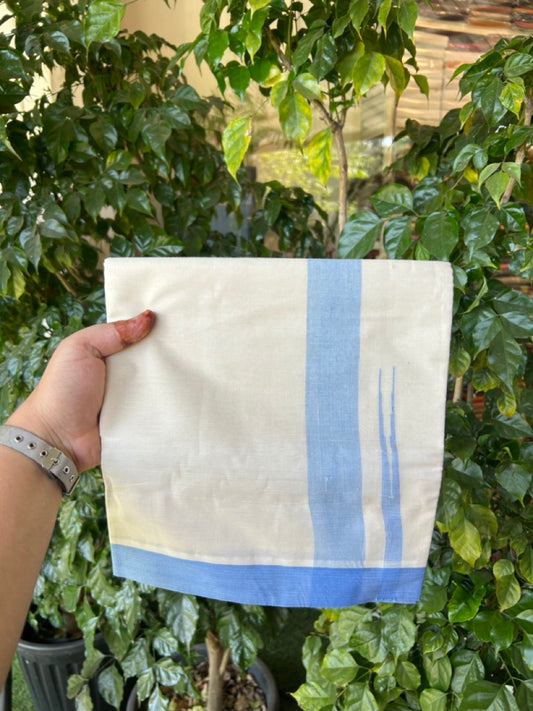 20% Discount ! KaithariKada Balaramapuram 100% Cotton Double OFF WHITE - (Unbleached) - Mundu / Dhoti- 100x80 -  1.5 inch Dark Sky Blue shaded striped chutty - 17 KK5280 VIN