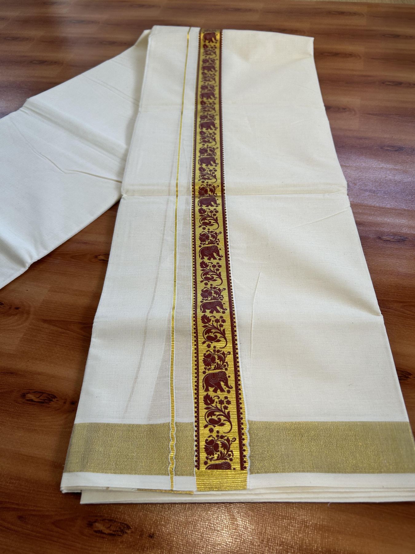 Double Off White - (Unbleached) Mundu/Dhoti- 20% Discount!! KaithariKada Balaramapuram 100% Cotton (60s) - 1.25 inch Maroon & Gold Kasav Elephant Printed Kara - 3 KK5415 GAN