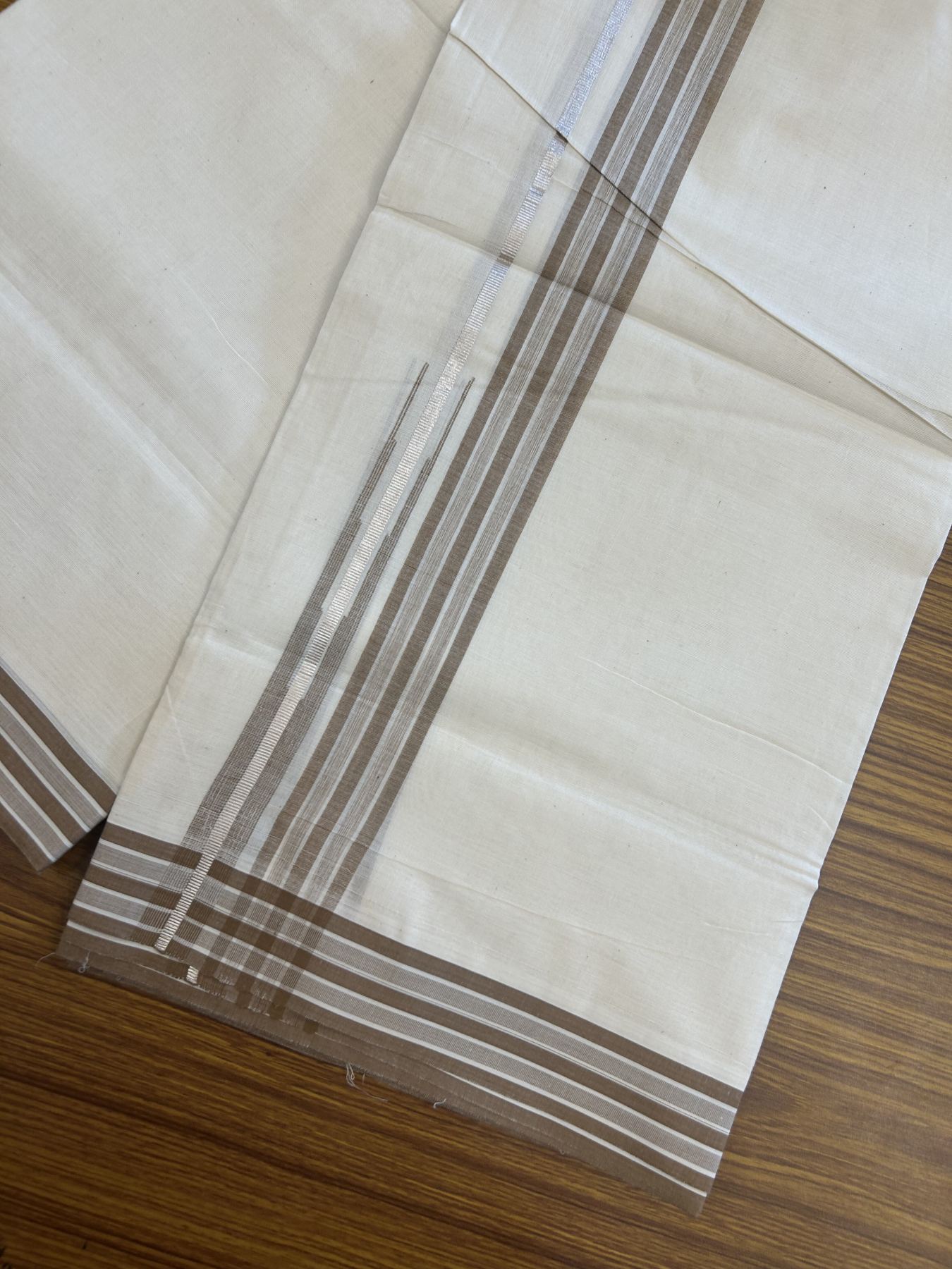 20% Discount ! Kaitharikada Balaramapuram 100% Pure Cotton Double Off white (Unbleached) Mundu/Dhoti - 100x80 - 1.25 inch Silver Kasav & Brown Shaded Stripes Chutty Kara 3.90 mtr (8 muzham) - 52 KK5313 PMC