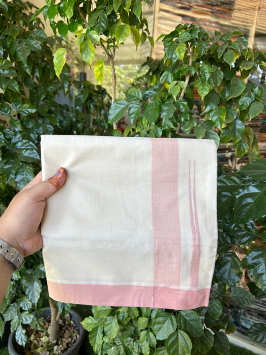 20% Discount ! KaithariKada Balaramapuram 100% Cotton Double OFF WHITE - (Unbleached) - Mundu / Dhoti- 100x80 -  1.5 inch Light Peach shaded striped chutty - 18 KK5280 VIN