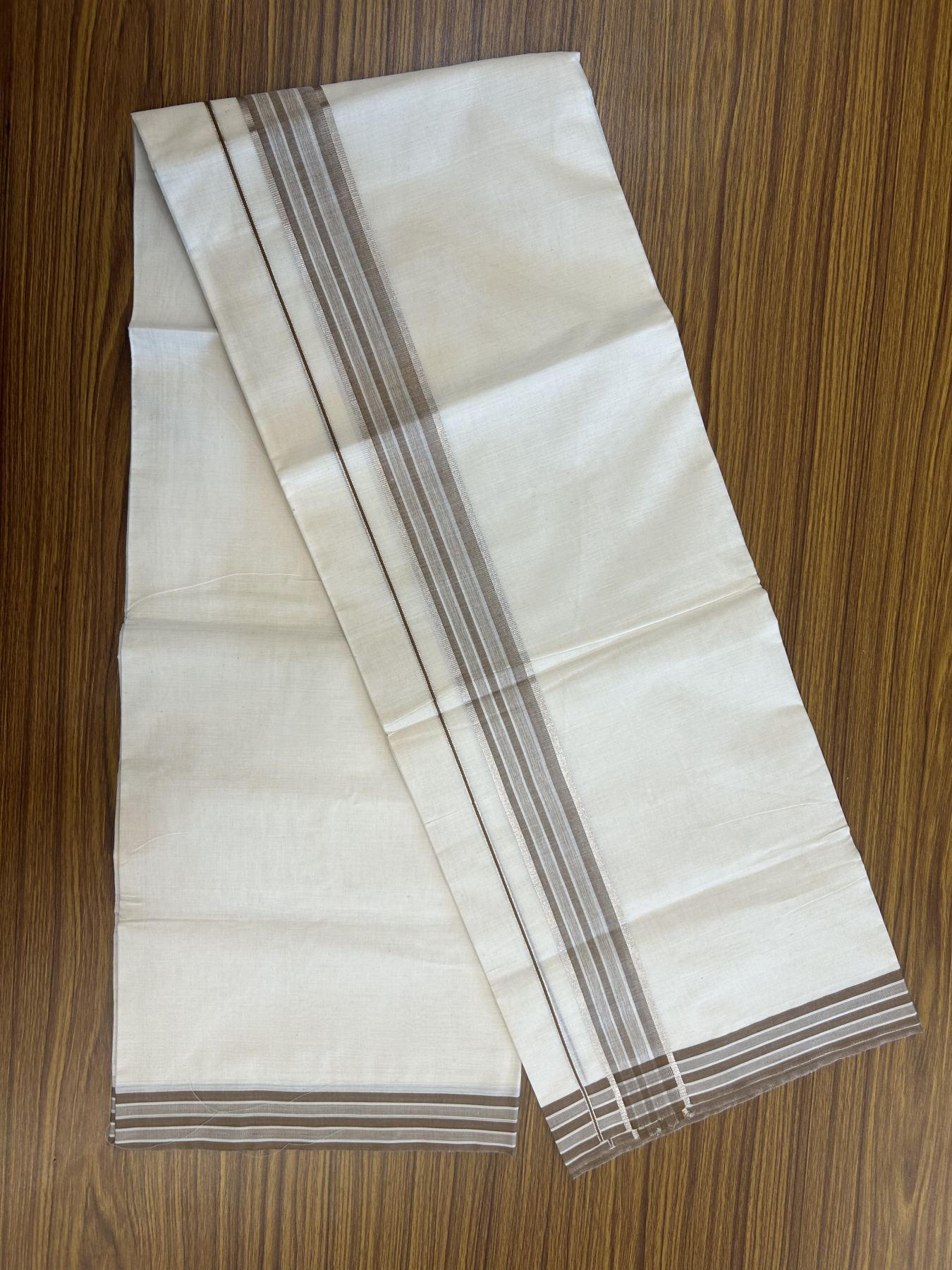 20% Discount ! Kaitharikada Balaramapuram 100% Pure Cotton Double Off white (Unbleached) Mundu/Dhoti - 100x80 - 1.75 inch Silver Kasav & Brown Shaded Stripes Kara 3.90 mtr (8 muzham) - 53 KK5313 PMC