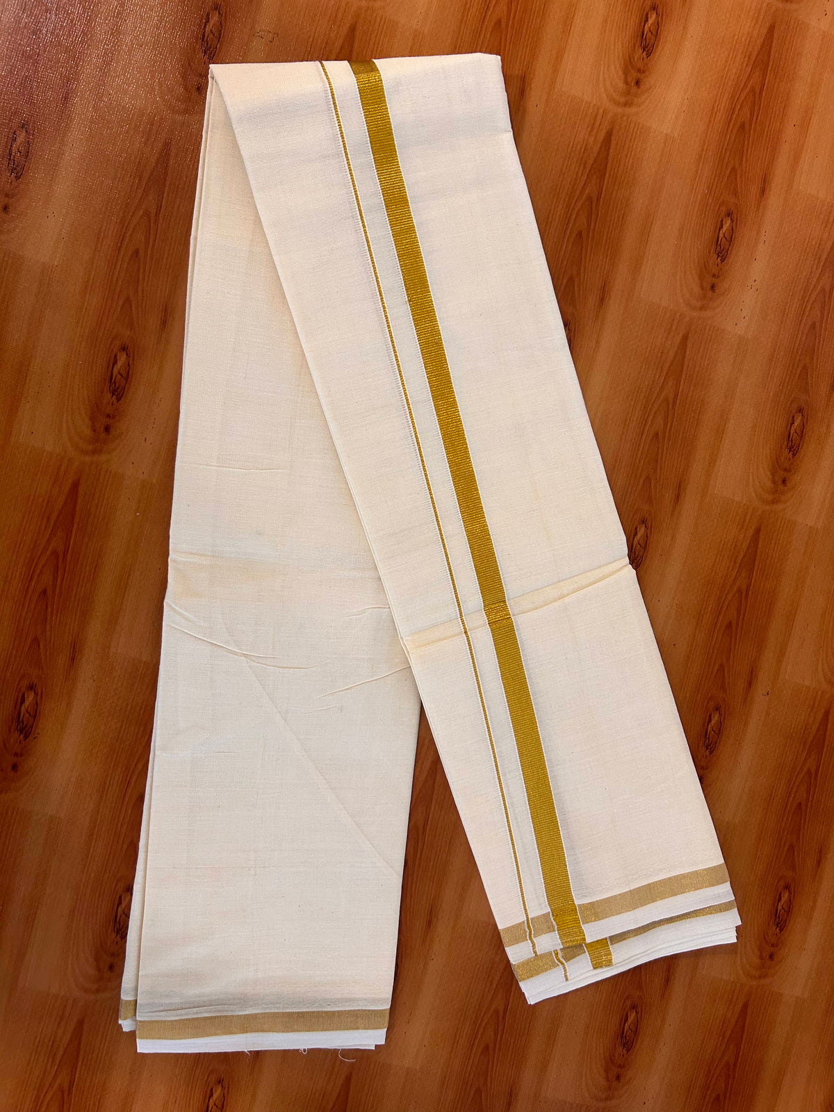 Neriyath Off White  (Unbleached) - KaithariKada -  60s Mixed Cotton - 0.5 Inch Gold Kasavu Kara - 1.70 mtr (3.64 muzham)- 1 KK5536 PMC
