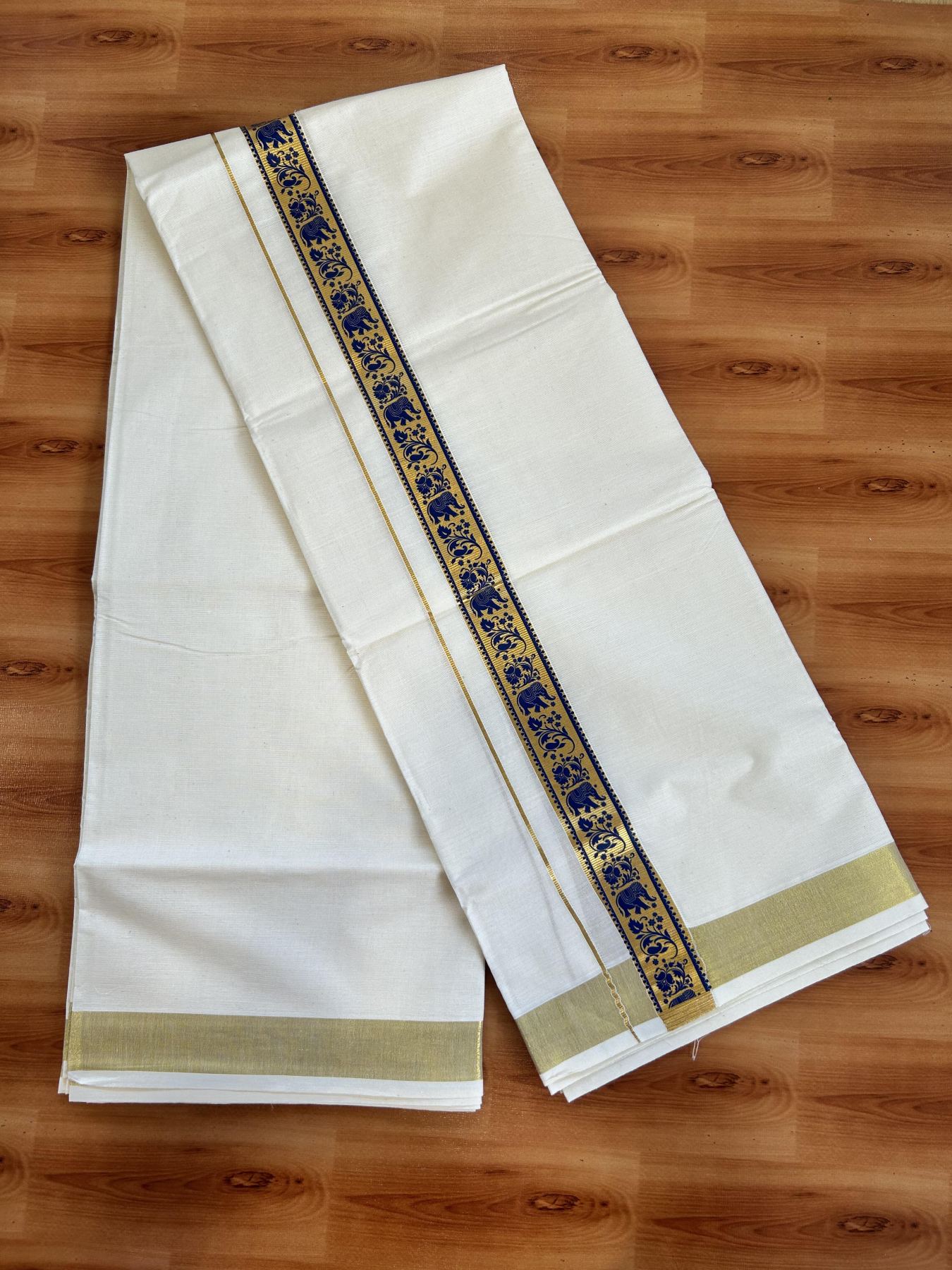 Double Off White - (Unbleached) Mundu/Dhoti- 20% Discount!! KaithariKada Balaramapuram 100% Cotton (60s) - 1.25 inch Dark Blue & Gold Kasav Elephant Printed Kara - 2 KK5415 GAN