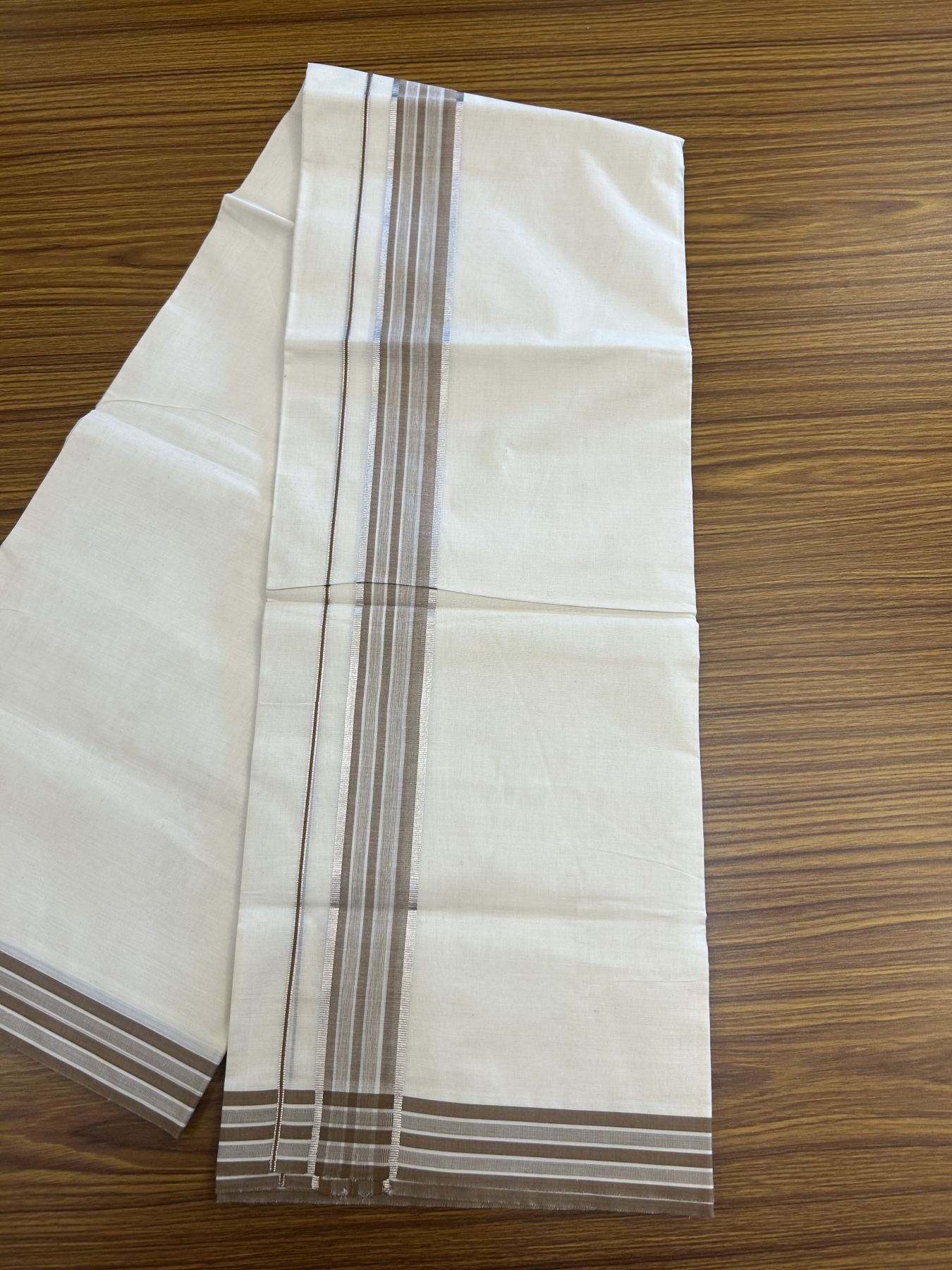 20% Discount ! Kaitharikada Balaramapuram 100% Pure Cotton Double Off white (Unbleached) Mundu/Dhoti - 100x80 - 1.75 inch Silver Kasav & Brown Shaded Stripes Kara 3.90 mtr (8 muzham) - 53 KK5313 PMC
