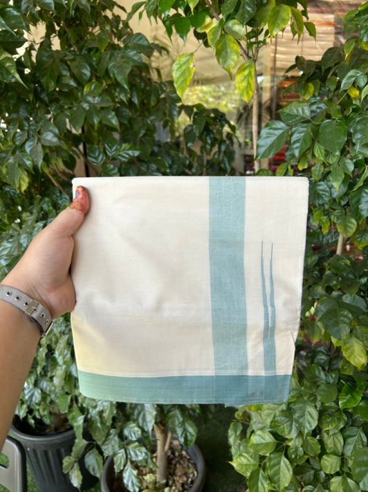 20% Discount ! KaithariKada Balaramapuram 100% Cotton Double OFF WHITE - (Unbleached) - Mundu / Dhoti- 100x80 -  1.5 inch Teal Green shaded striped chutty - 19 KK5280 VIN