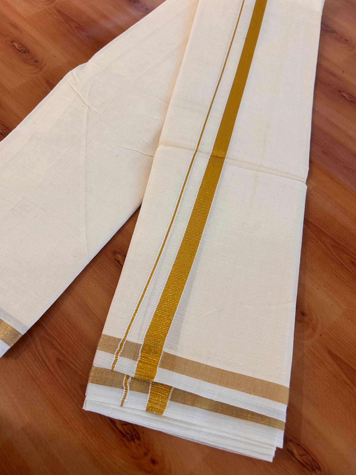Neriyath Off White  (Unbleached) - KaithariKada -  60s Mixed Cotton - 0.5 Inch Gold Kasavu Kara - 1.70 mtr (3.64 muzham)- 1 KK5536 PMC