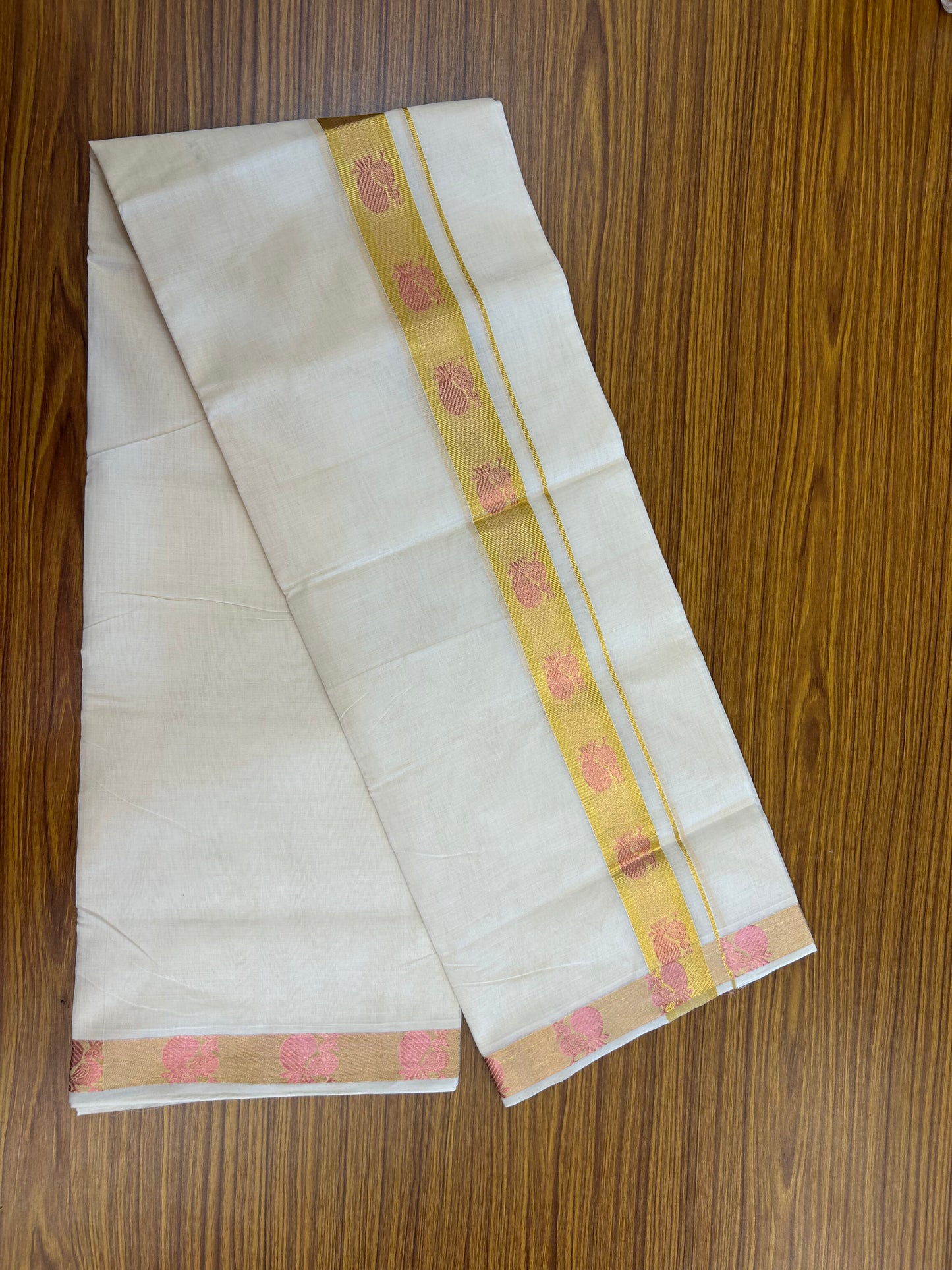 25% Discount ! KaithariKada Handloom Unakkupaav Kerala Handloom - 100% Pure Cotton Off White (Unbleached) Double Mundu/Dhoti - 100x80 - 1.5 Inch Gold kasav & Rose Gold Peacock Jaquard Design Kara 4 mtr (8.5 muzham) - 6 KK5370 ABH