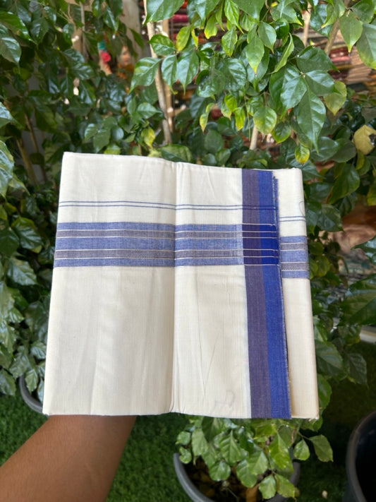 20% Discount ! KaithariKada Balaramapuram 100% Cotton Double OFF WHITE - (Unbleached) - Mundu / Dhoti- 100x80 -  1.75 inch Blue & Dark brown shaded silver striped kara - 15 KK5280 VIN