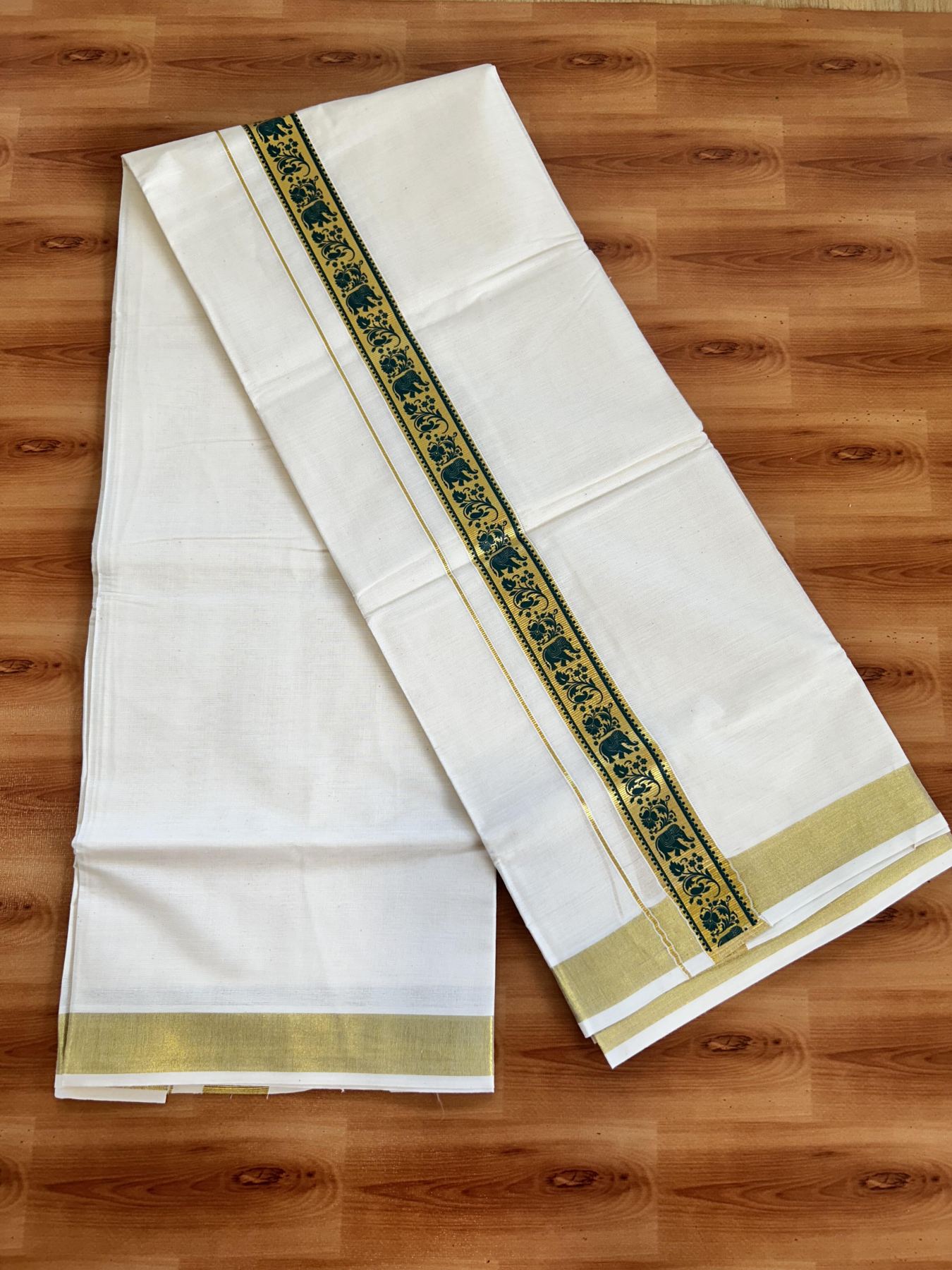 Double Off White - (Unbleached) Mundu/Dhoti- 20% Discount!! KaithariKada Balaramapuram 100% Cotton (60s) - 1.5 inch Dark Green & Gold Kasav Elephant Printed Kara - 1 KK5415 GAN