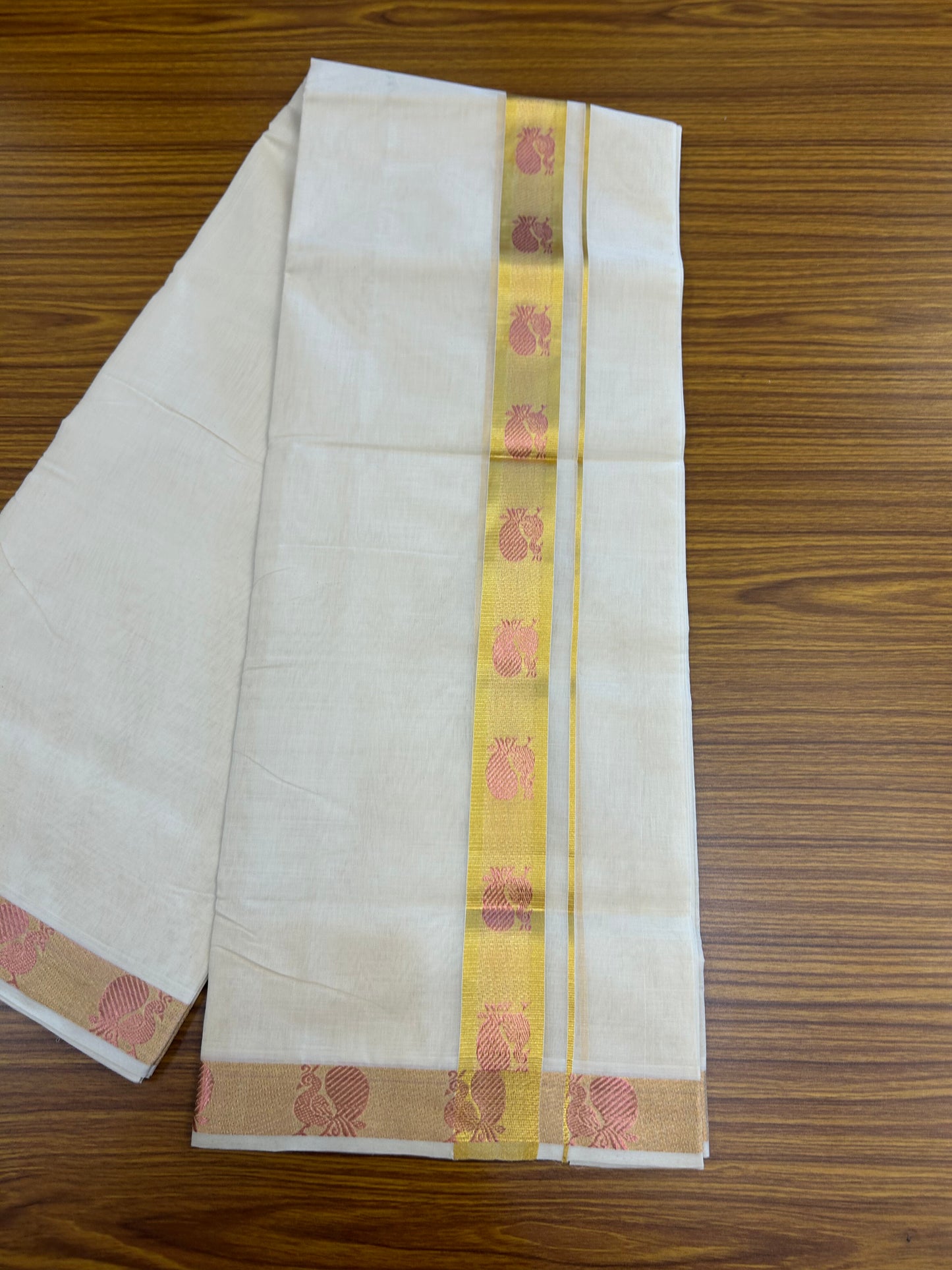 25% Discount ! KaithariKada Handloom Unakkupaav Kerala Handloom - 100% Pure Cotton Off White (Unbleached) Double Mundu/Dhoti - 100x80 - 1.5 Inch Gold kasav & Rose Gold Peacock Jaquard Design Kara 4 mtr (8.5 muzham) - 6 KK5370 ABH