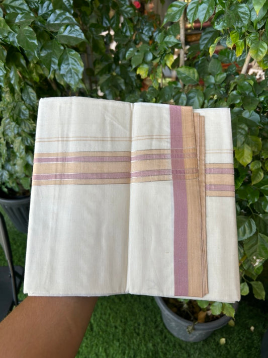 20% Discount ! KaithariKada Balaramapuram 100% Cotton Double OFF WHITE - (Unbleached) - Mundu / Dhoti- 100x80 -  1.75 inch Deep cream & Lavender Pink shaded silver striped kara - 16 KK5280 VIN