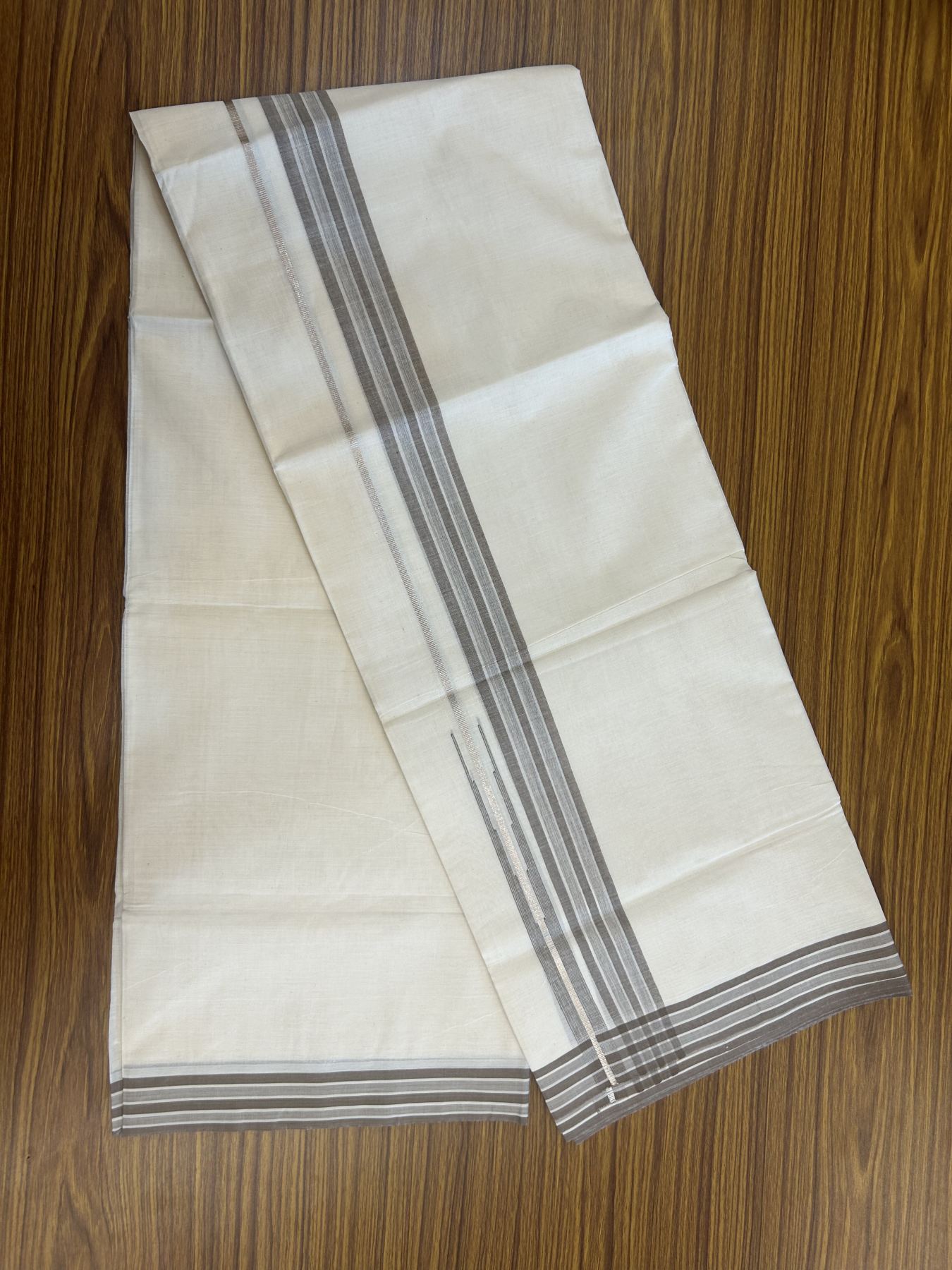 20% Discount ! Kaitharikada Balaramapuram 100% Pure Cotton Double Off white (Unbleached) Mundu/Dhoti - 100x80 - 1.25 inch Silver Kasav & Dark Brown Shaded Stripes Chutty Kara 3.90 mtr (8 muzham) - 54 KK5313 PMC