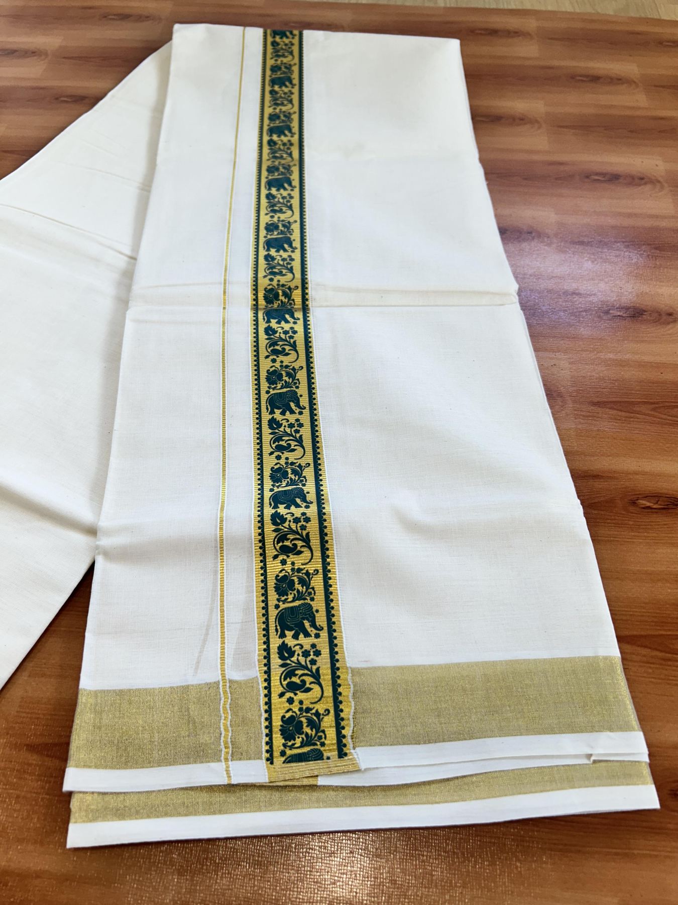 Double Off White - (Unbleached) Mundu/Dhoti- 20% Discount!! KaithariKada Balaramapuram 100% Cotton (60s) - 1.5 inch Dark Green & Gold Kasav Elephant Printed Kara - 1 KK5415 GAN